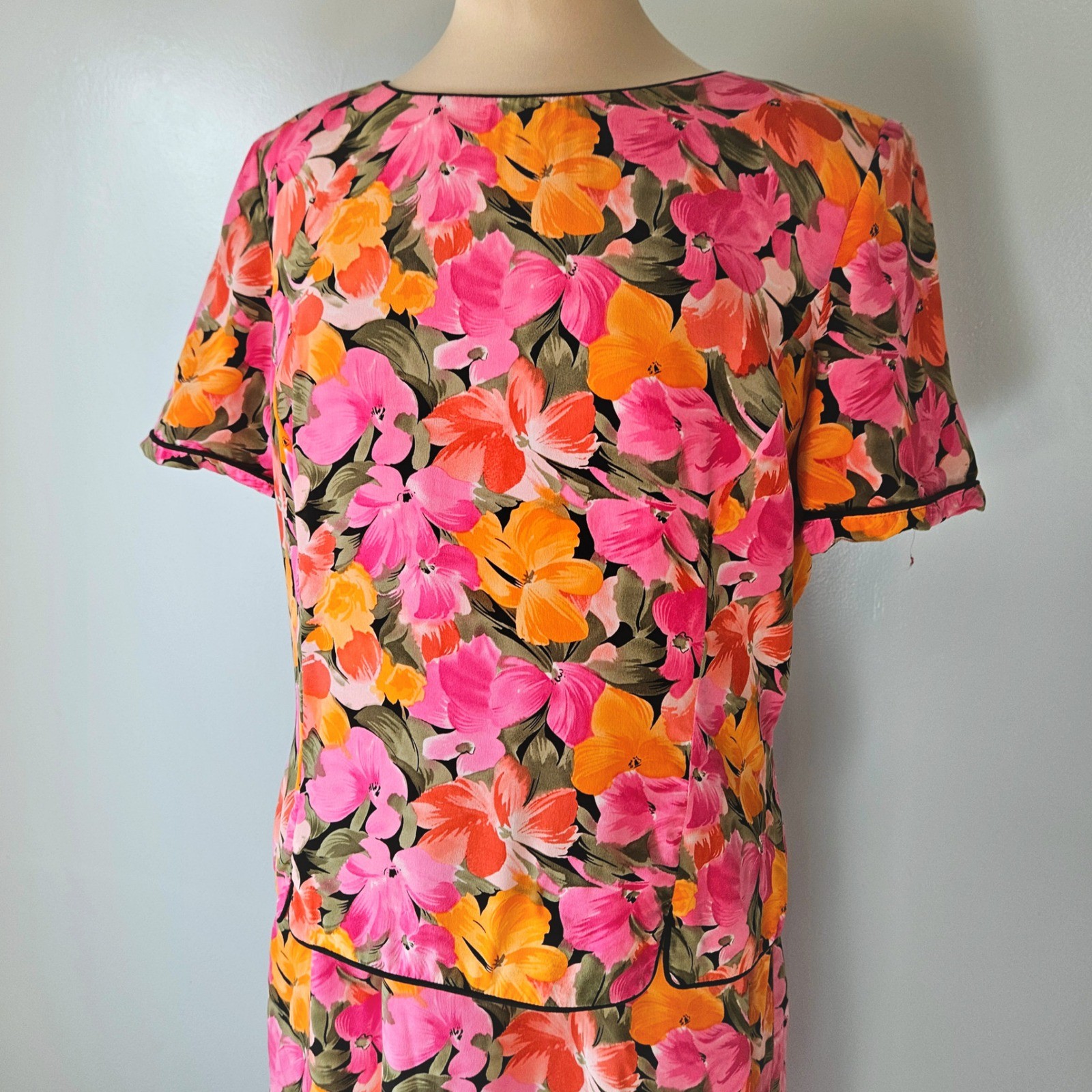 Maggy London Silk Dress Pink Orange Floral Tropical Vintage 90s Size 16 XL