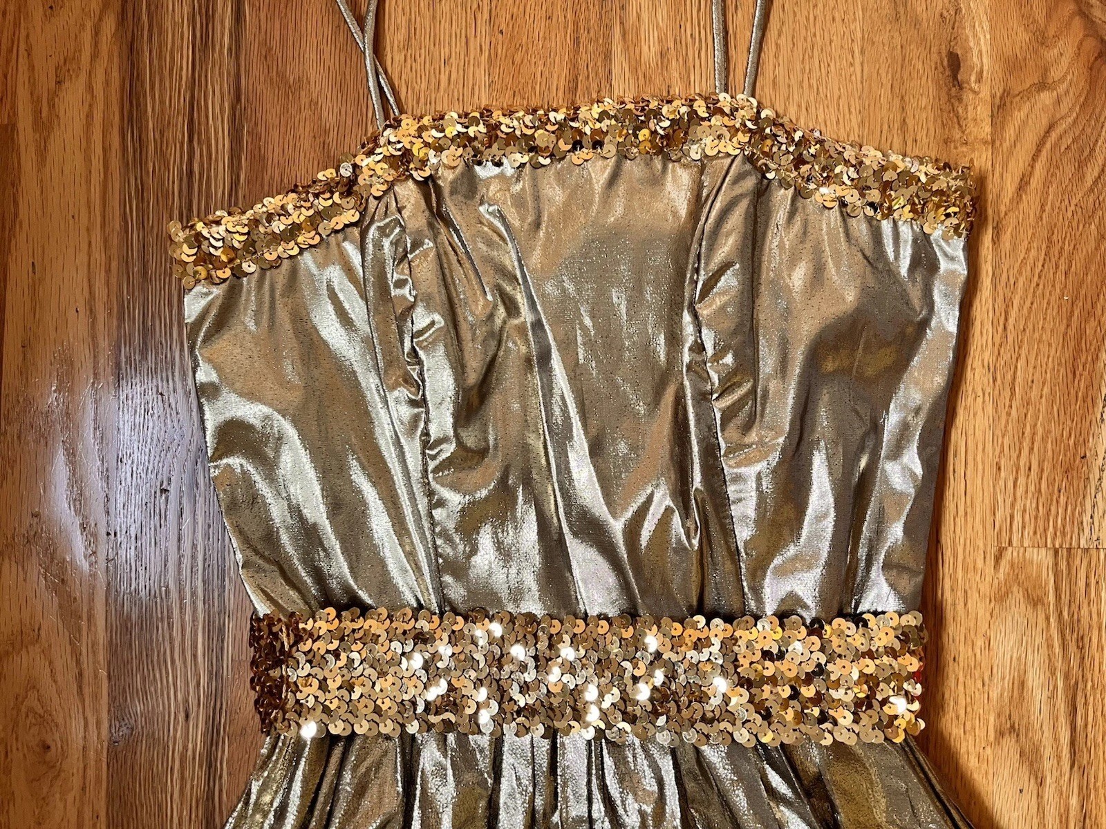 Vintage 80’s JC Penny Gold Lame Gown Party Prom Sequin Spaghetti Strap Dress XS