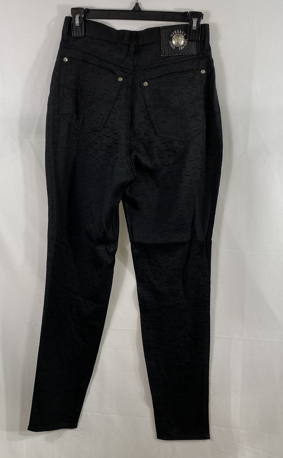 Vintage 90s Versace Jeans Couture Women’s Black All Over Logo Pants Sz 28×31