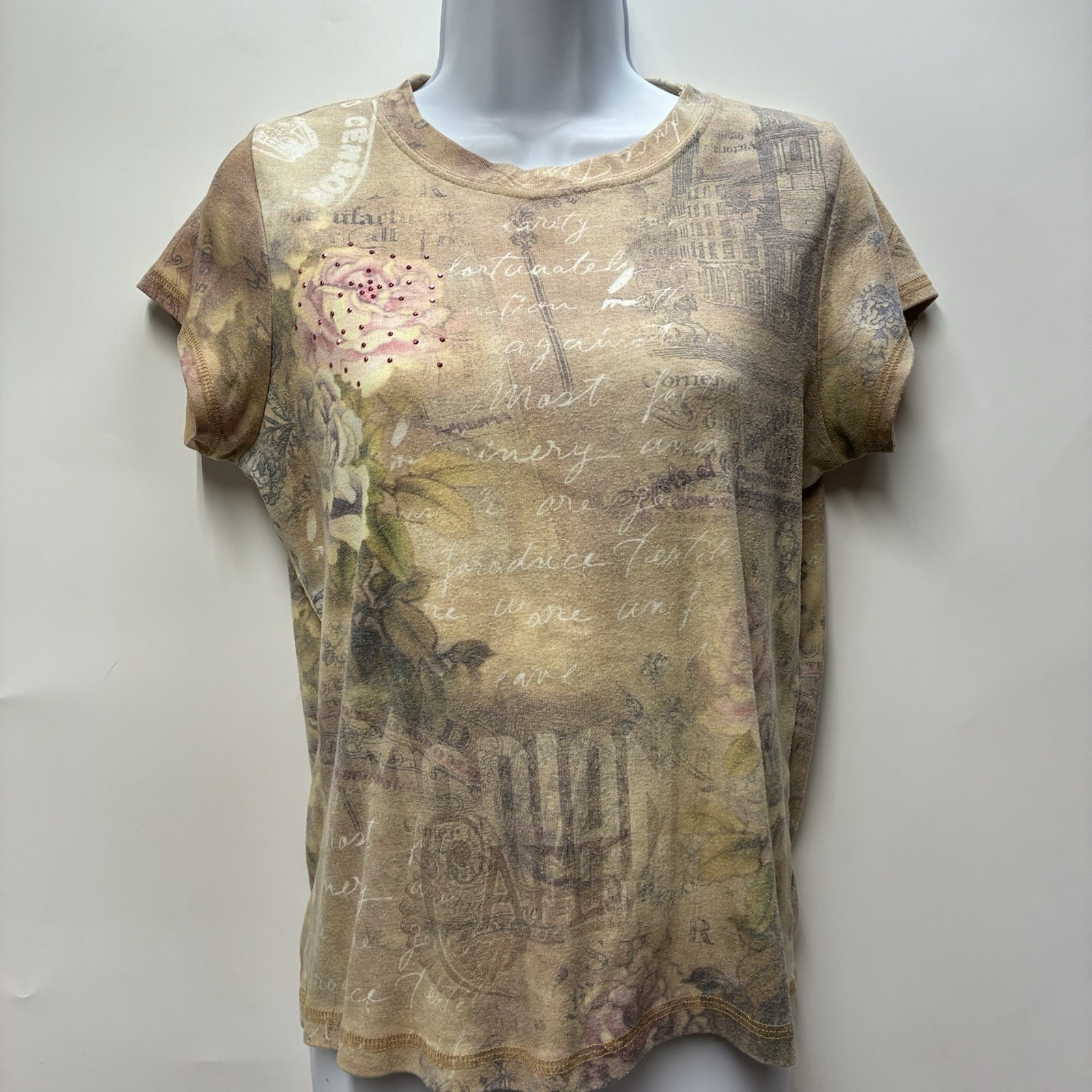 Vintage Y2K Xcit USA Small Short Sleeve Floral Bedazzled Tee T Shirt AOP Girly