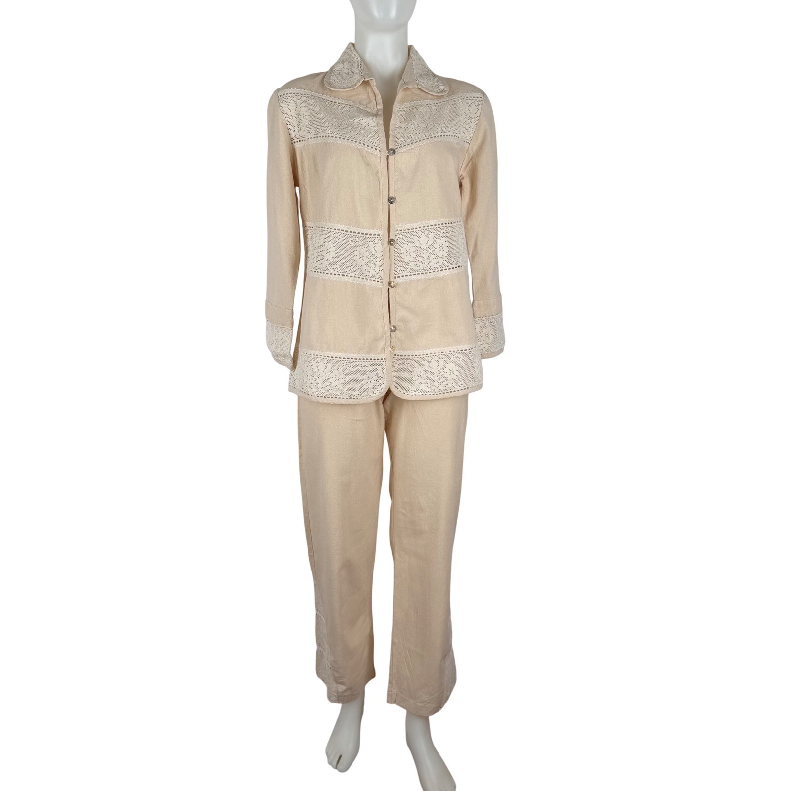 VTG Mexico Manta Beige Crochet Lace Pant Set Shell Buttons Womens M