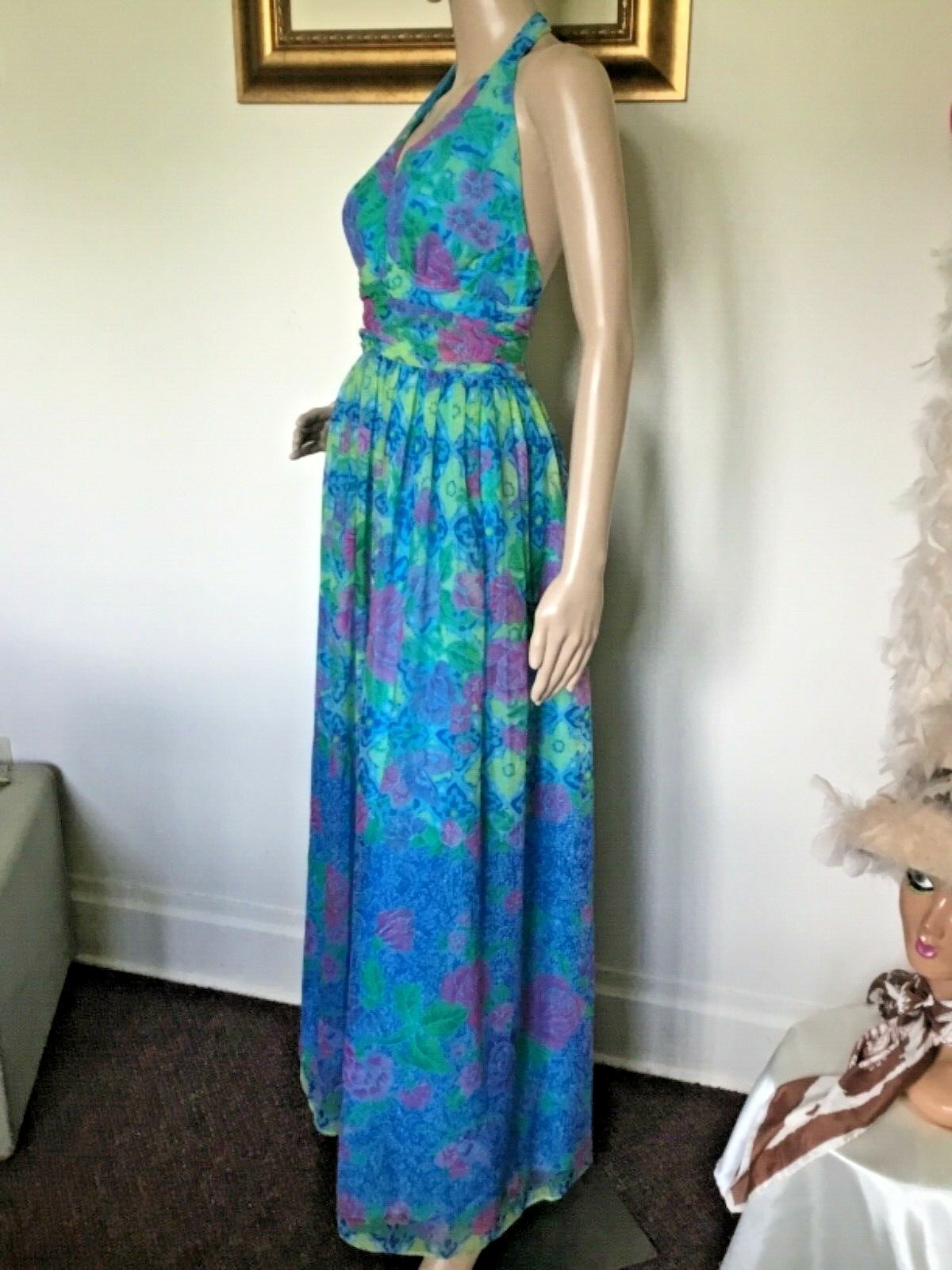 70’s Vintage Blue Neon Yellow/Pink Floral Sexy Halter Top Maxi Dress