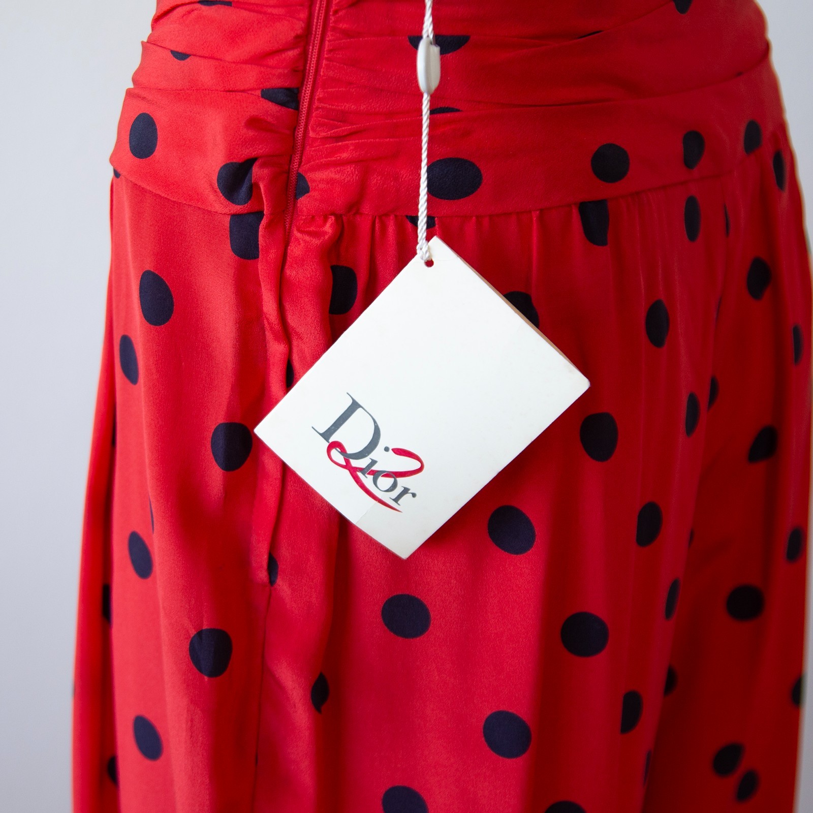 Vintage Dior Red Silk Black Polka Dot Wide Trousers NWT UK 8-10/US 4-6