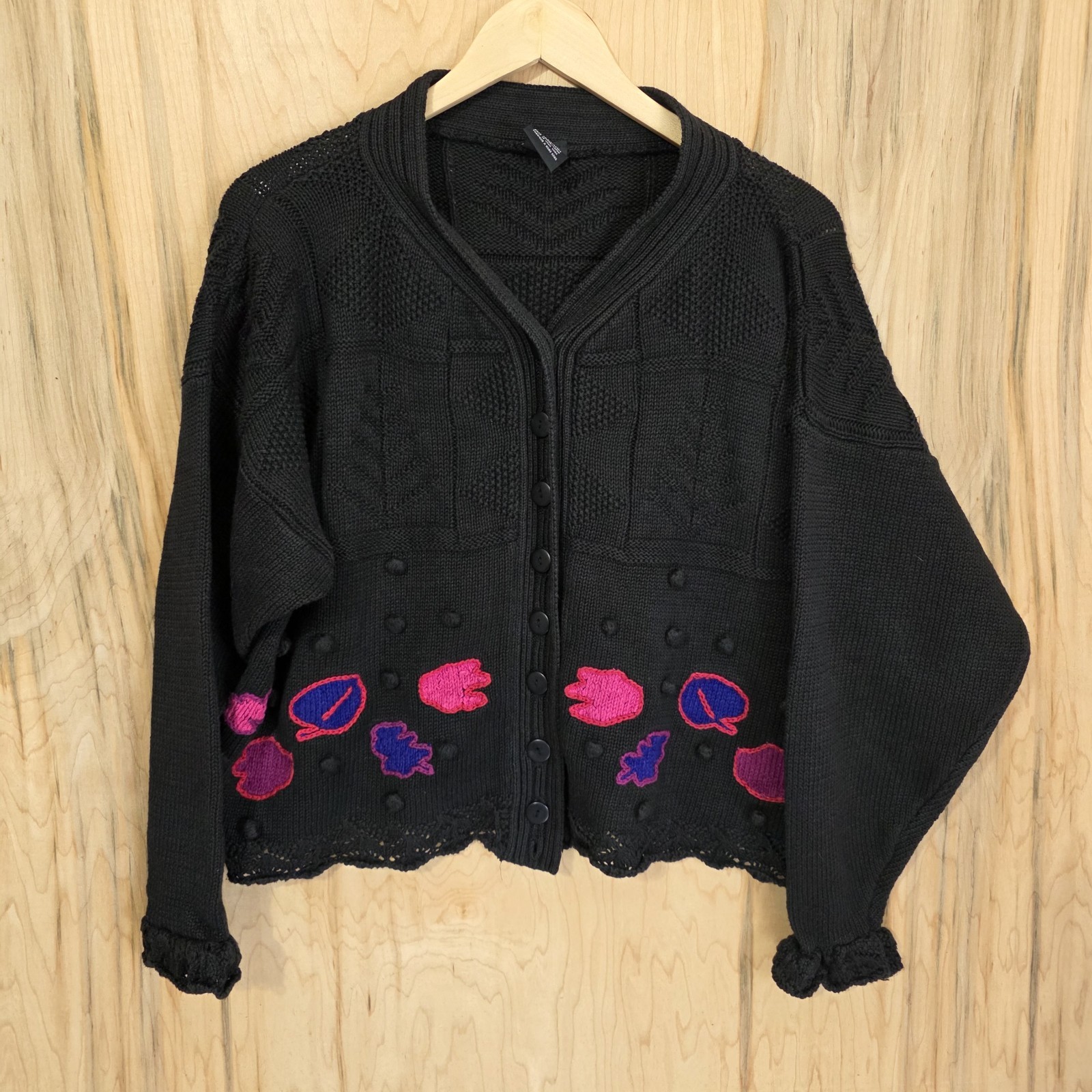 Generra Womens Vintage 80s Boxy Style Black Cotton Floral Cardigan Size Medium