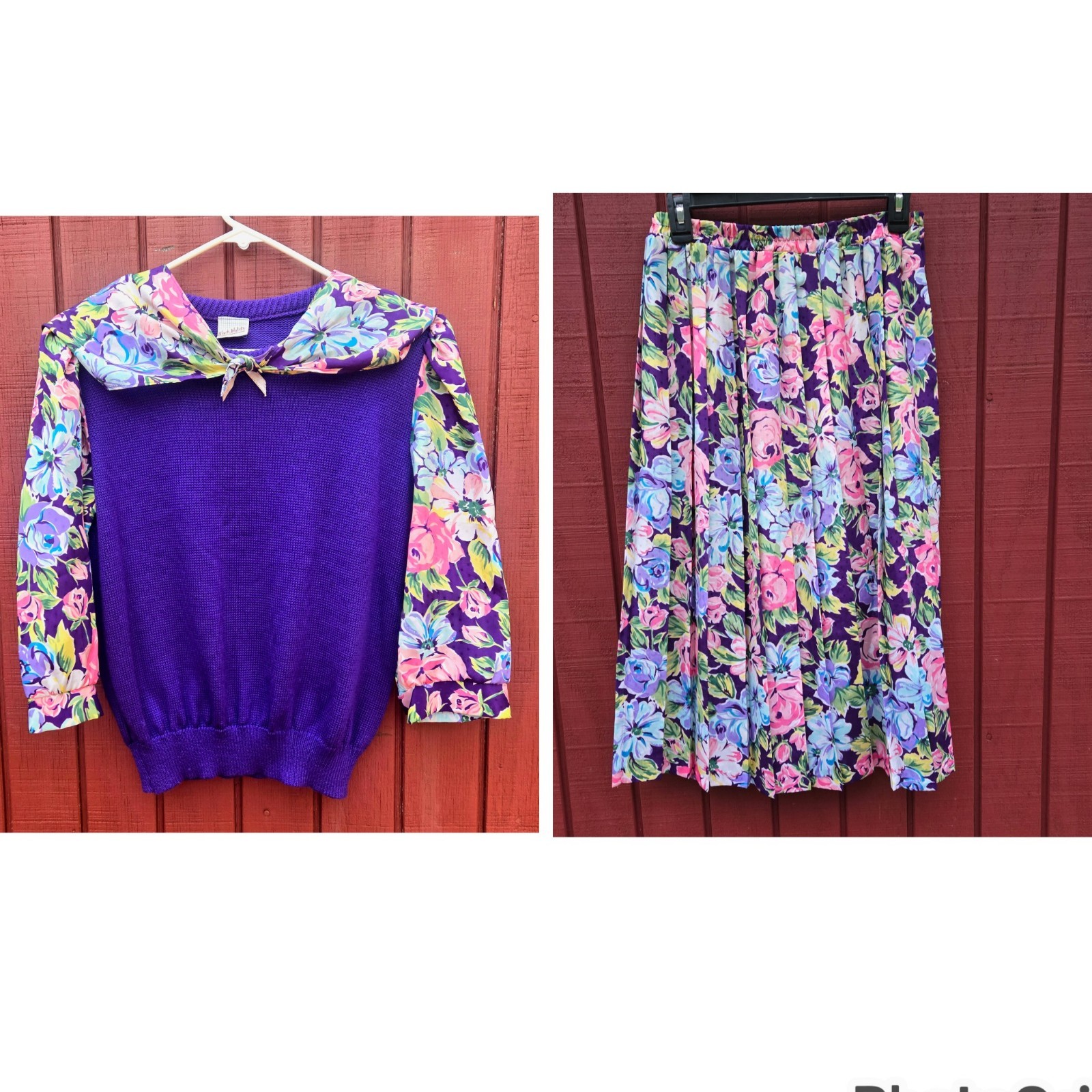 Vintage 80s Sweater Skirt Set w/Scarf Floral Purple Workwear Bold Colorful Sz M