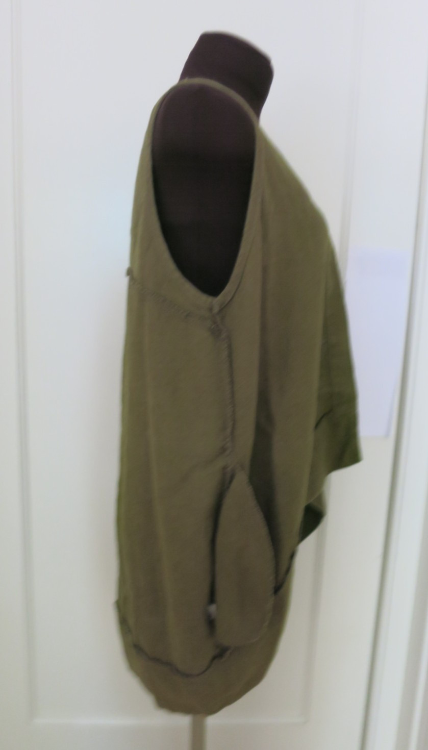 Yea Army Green Linen Oversize Asymmetric V Front Curve Back Hem Long Vest S M