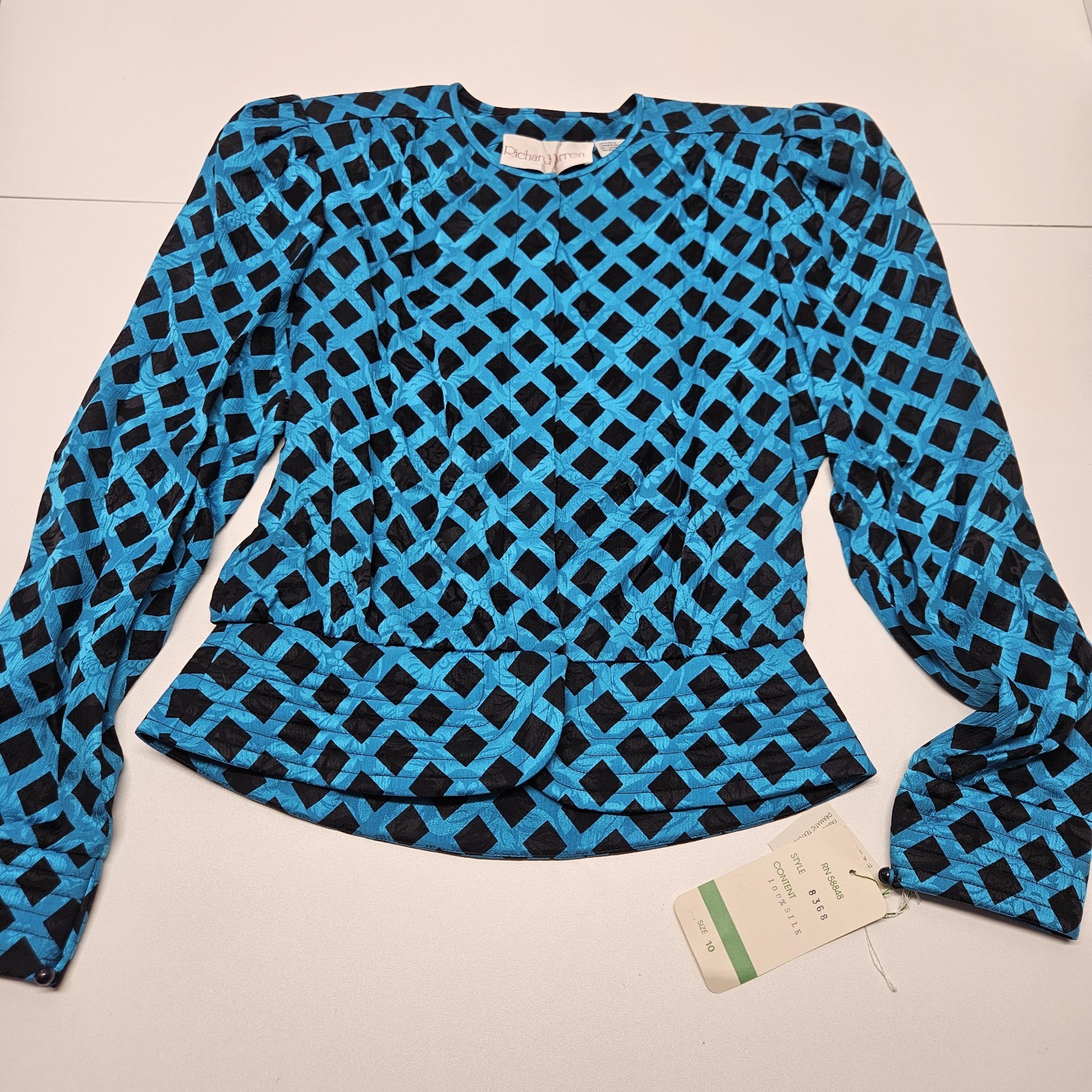 NWT Vtg 80s 100% Silk Jacquard Puff Sleeve Check Top w Scarf Blue Black Sz 10