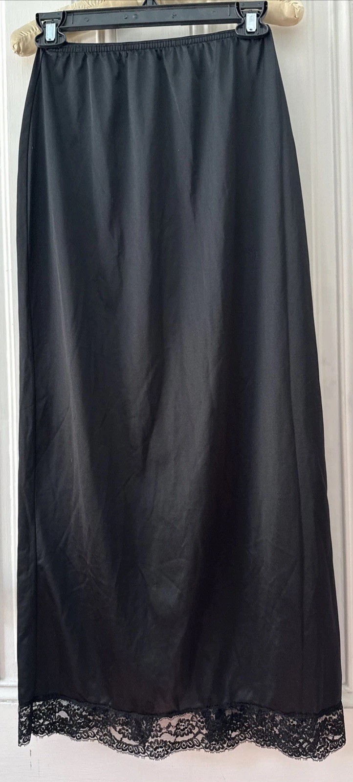 Vintage 70s Greenco Maid Black Nylon Maxi Slip W Front Slit & Lace Trim- Size S