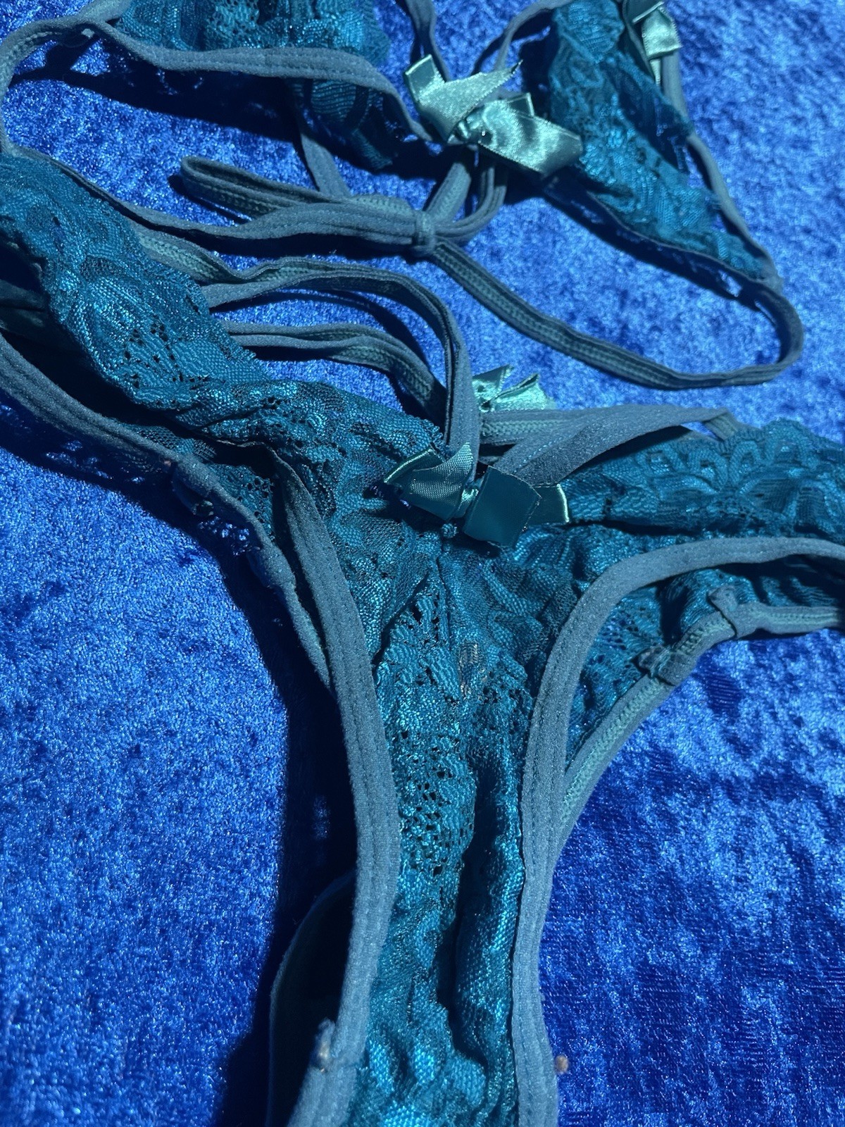 Lingerie Set Teal Blue Lace Bralette Panties Dancer Outfit Sexy Size Small