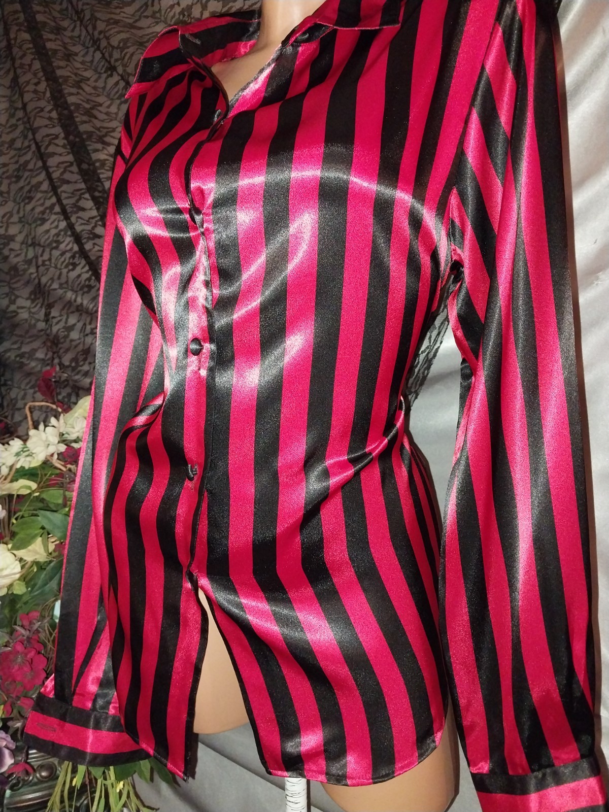 VTG SATIN SHINY NEW SZ 14 BUTTON UP NOTCH BLOUSE CHRISTIE JILL 42″ LUX