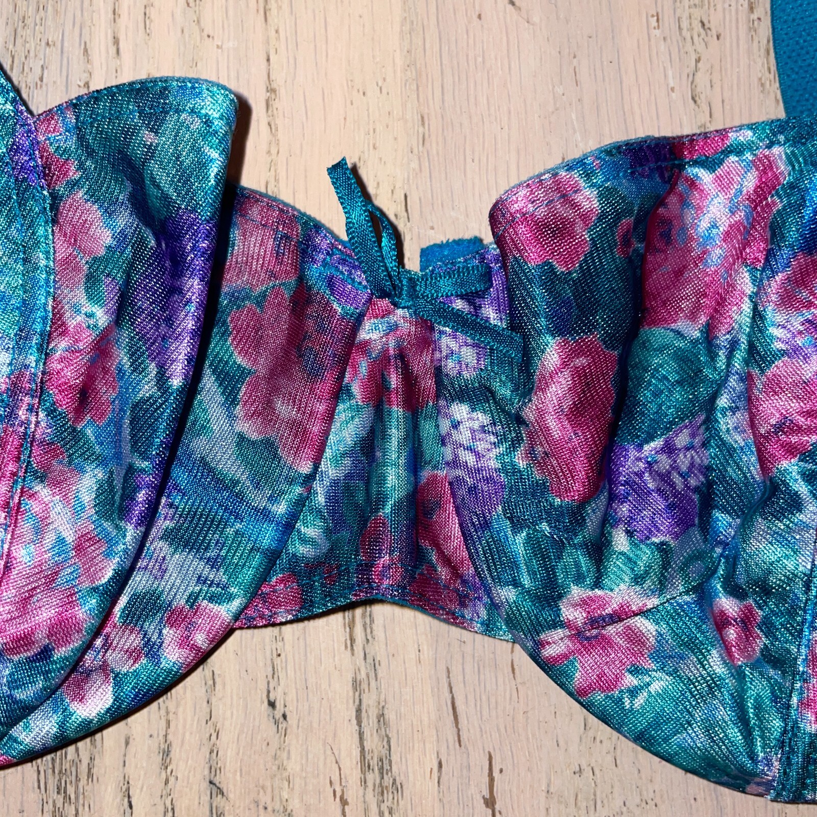 Vtg Delicates Underwire Bra Size 36B Teal Blue Floral Pink Unlined Double Strap