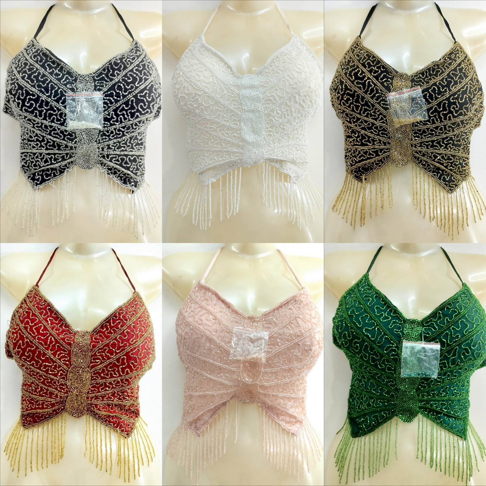 Lot 6 Beaded Butterfly Crop Top Halter Bra Belly Dance Halloween Dress Vintage