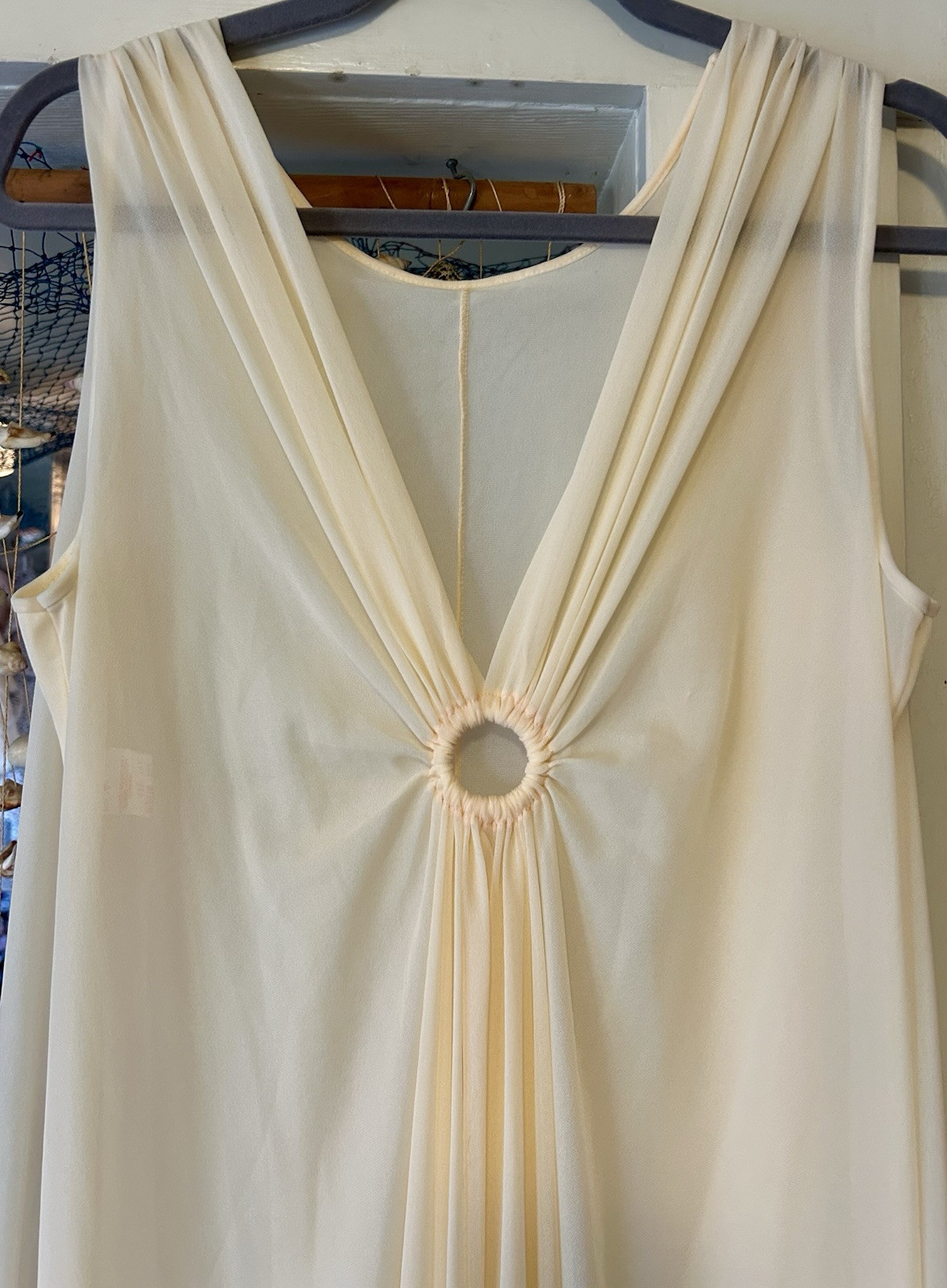 Vintage Molyclaire Chiffon Keyhole Grecian Nightgown Ivory Faux Cape M