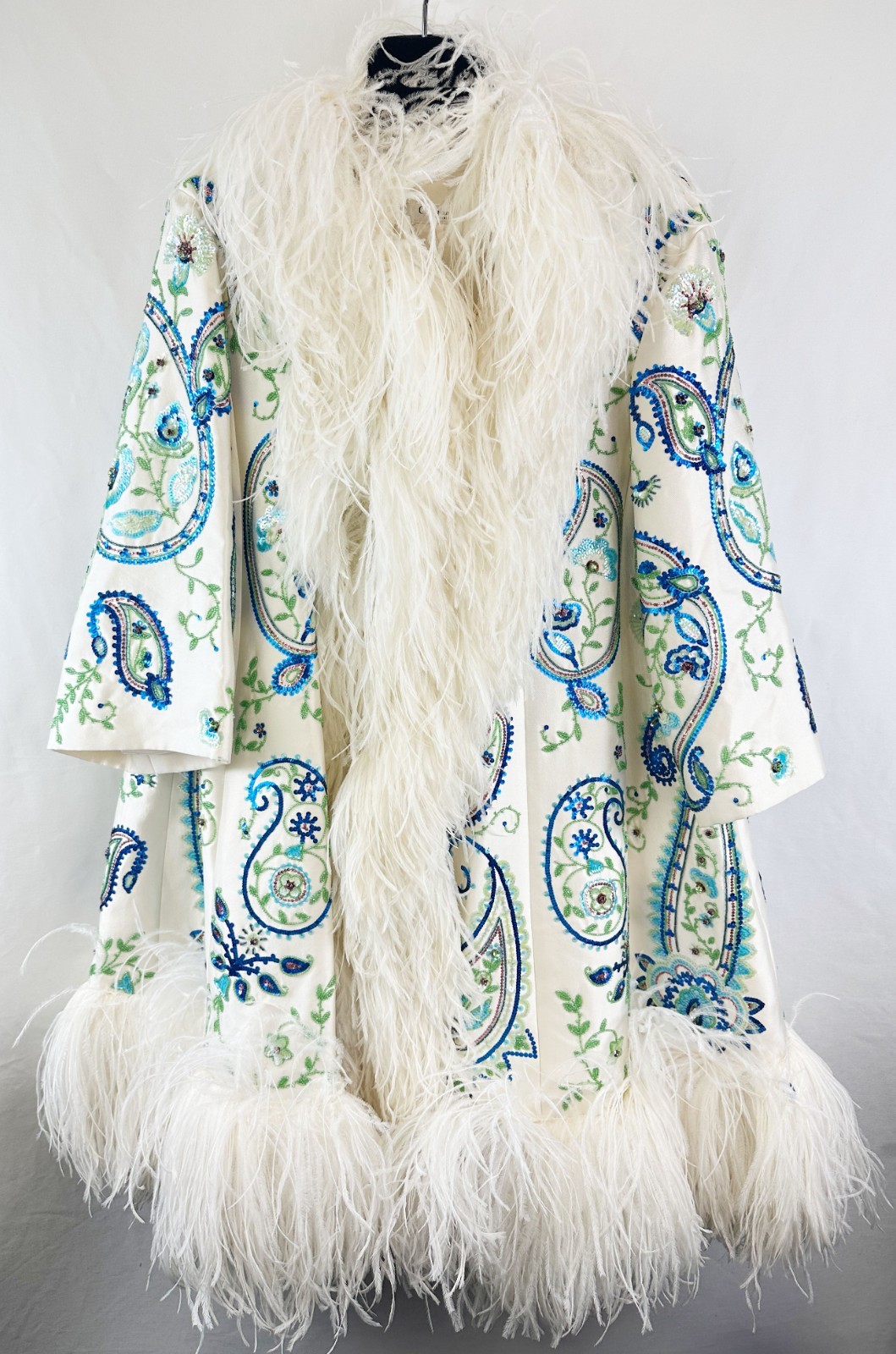 CHRISTIAN DIOR Paisley Ostrich Feather Coat 6 Ivory Blue Green Sequin Bead 2008