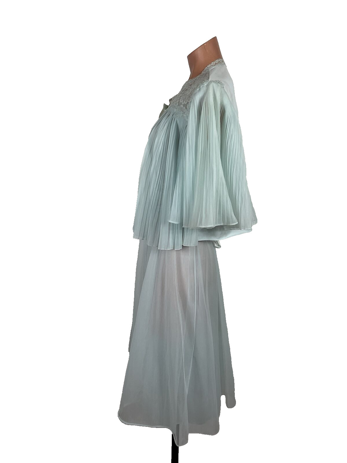 VTG PERMA PLEAT CHIFFON LACE 200″ SWEEP Peignoir ROBE Gown Cape 3pc Set RARE!!!