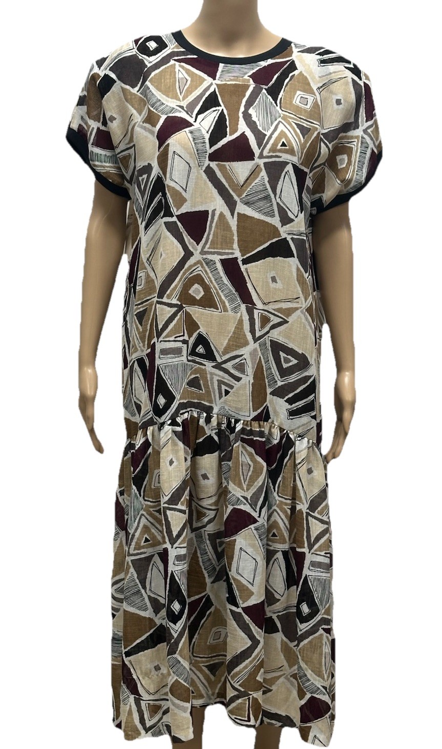 Kenwall Women’s L 12-14 Vintage Australian Made Brown Cream Black Print Dress