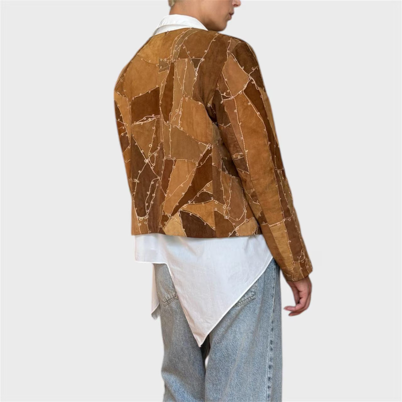 Vintage Brown Suede Patchwork Jacket | Embroidered Zip-Up Size US 8/ EU40