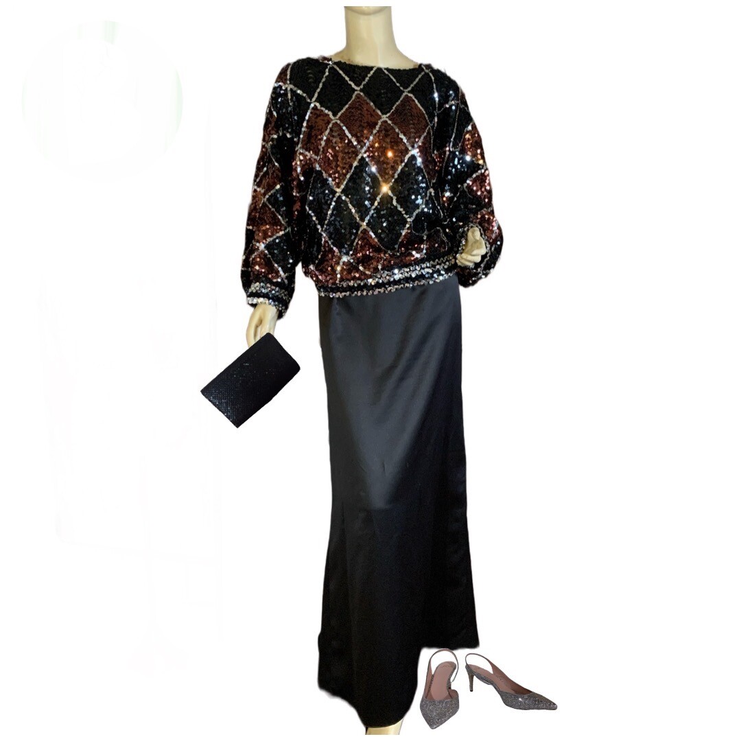 VINTAGE CIRCA 1980’S ROB HILL FOR MISTER JAY BROWN & BLACK SEQUIN TOP SZ LG