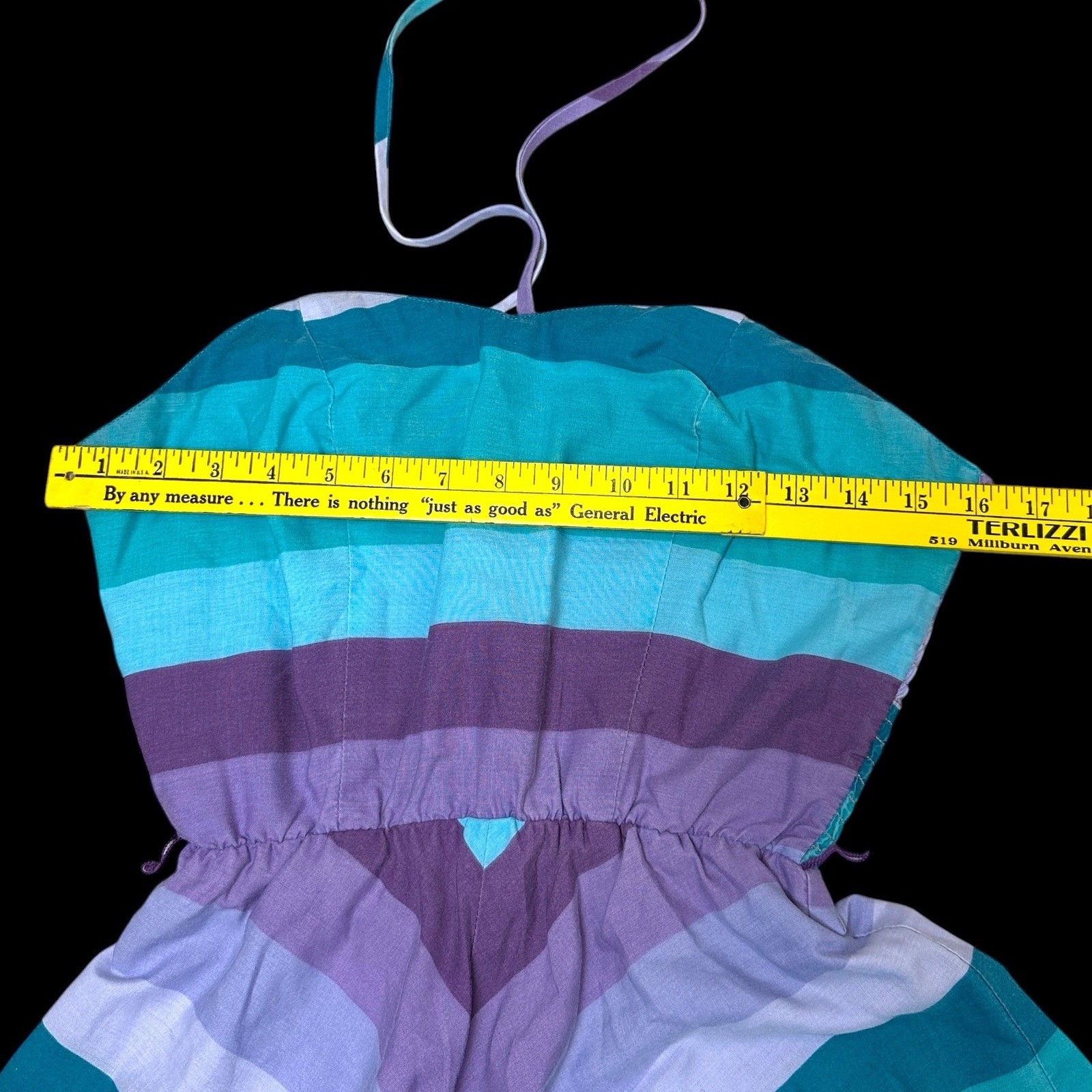 Vintage Chevron Stripe Halter Dress Teal Purple Smocked Back Sun Dress Size 11
