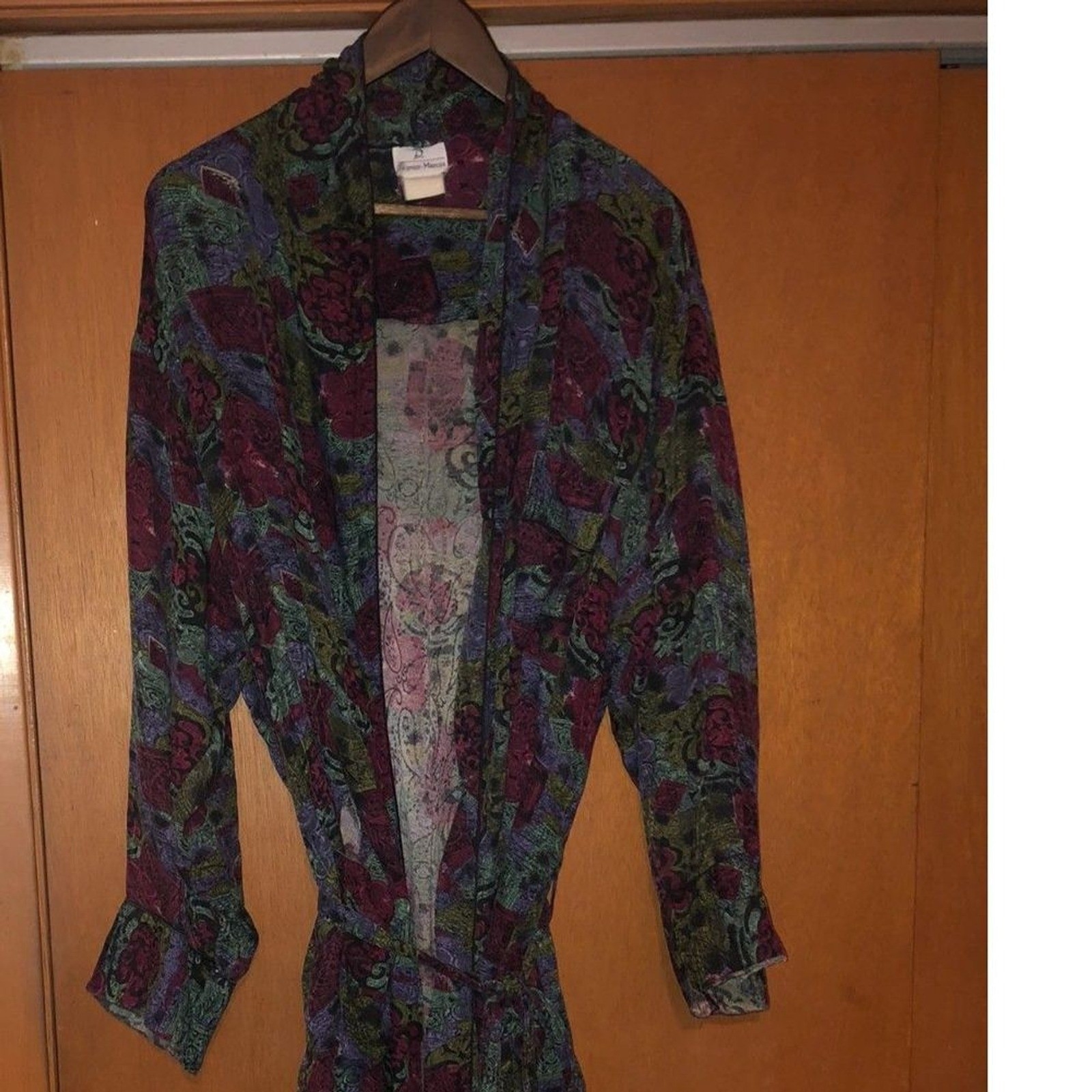 Vintage Neiman Marcus Abstract Floral Robe Burgundy Teal Purple Wrap Tie Waist