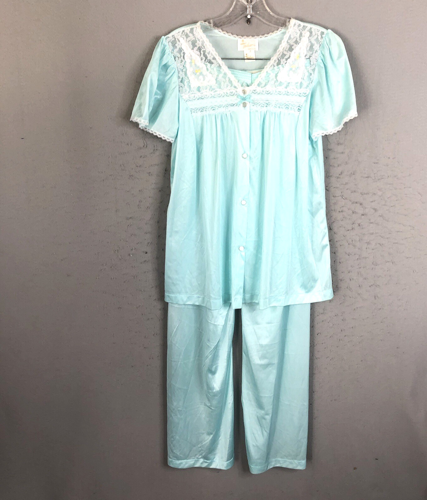 Vintage Coquette Pajamas Womens SMall Blue Nylon Silky Feminine Lace Trim Retro
