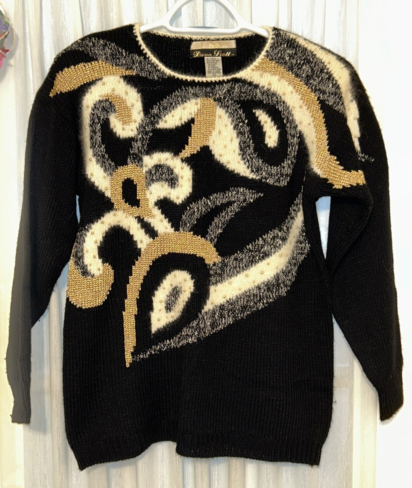 Dana Scott Womens S Vintage Sweater Black & Cream Gold Beads Party Holiday