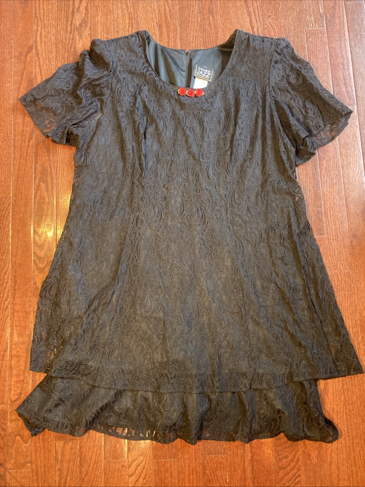 Vintage 80s 90s Womens Sz 24 More Jazz Floral Lace Black Dress Shoulder Pads