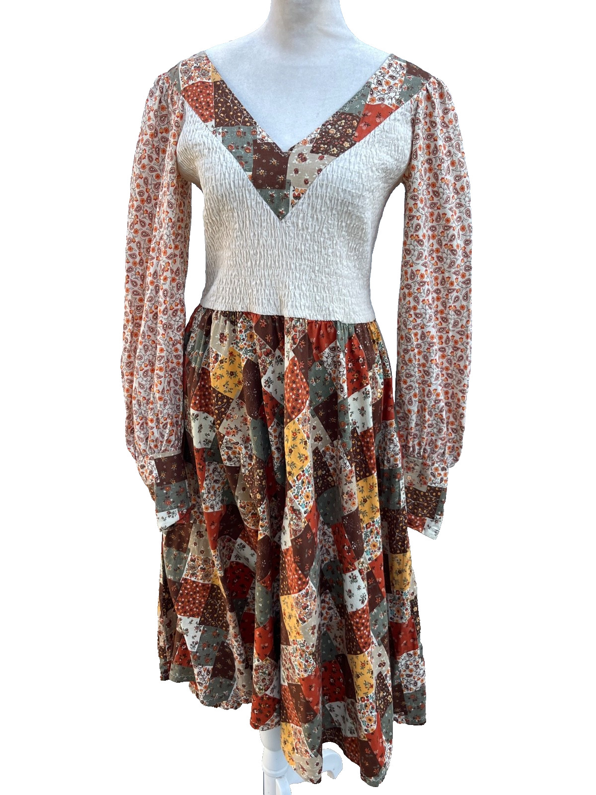 VTg Denise L Patchwork Print Prairie fit and flare dress Boho S/M