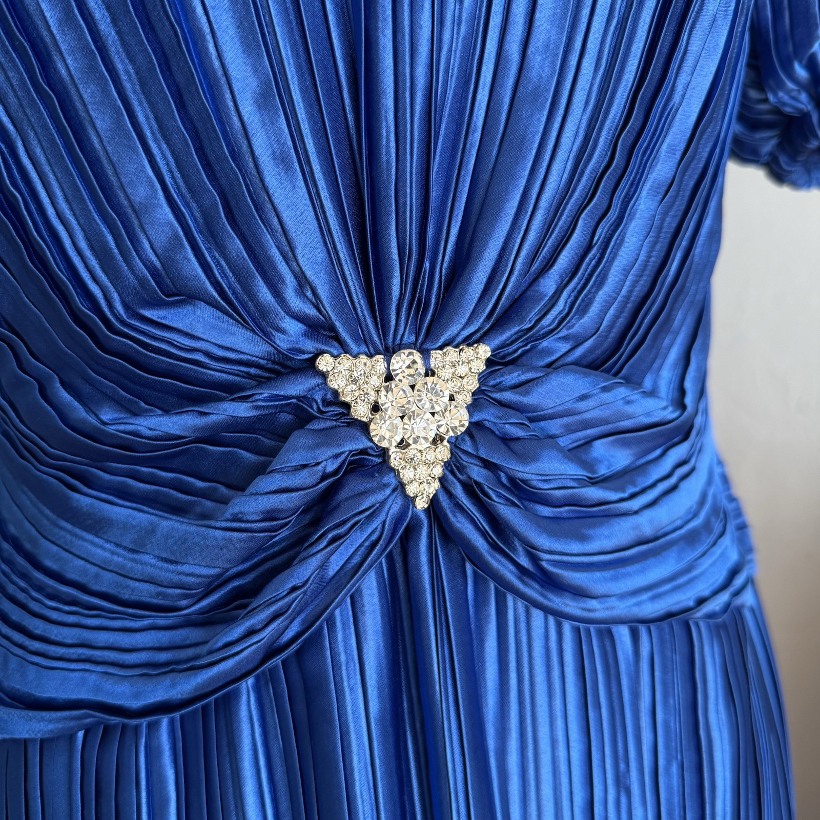 Vintage 80’s Nuit Pleated Cocktail Party Dress Puff Sleeves Blue Rhinestone 6
