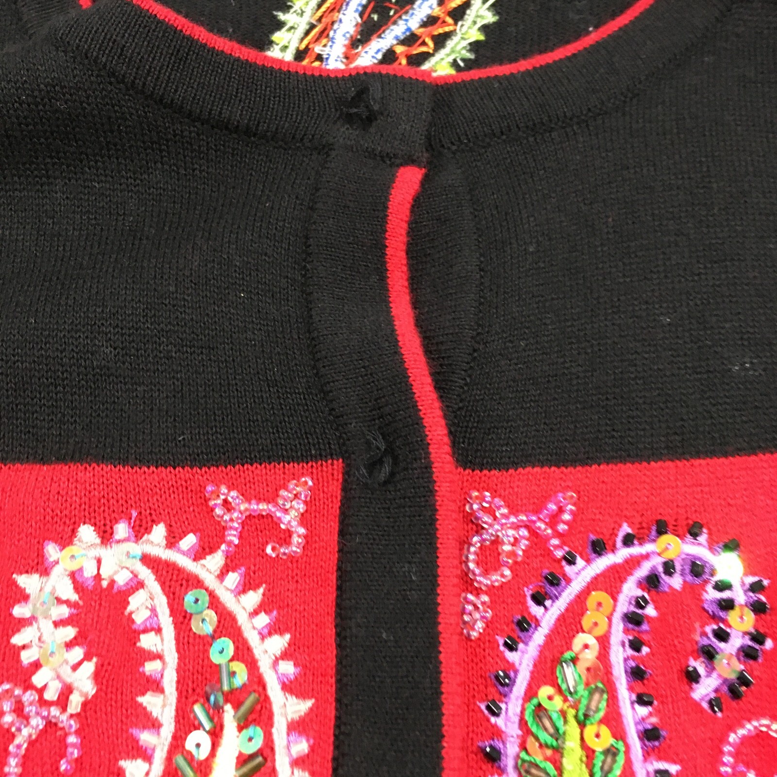 Jack B Quick PL Black Red Paisleys Sequins Beads Cardigan Vintage Button FLAWS