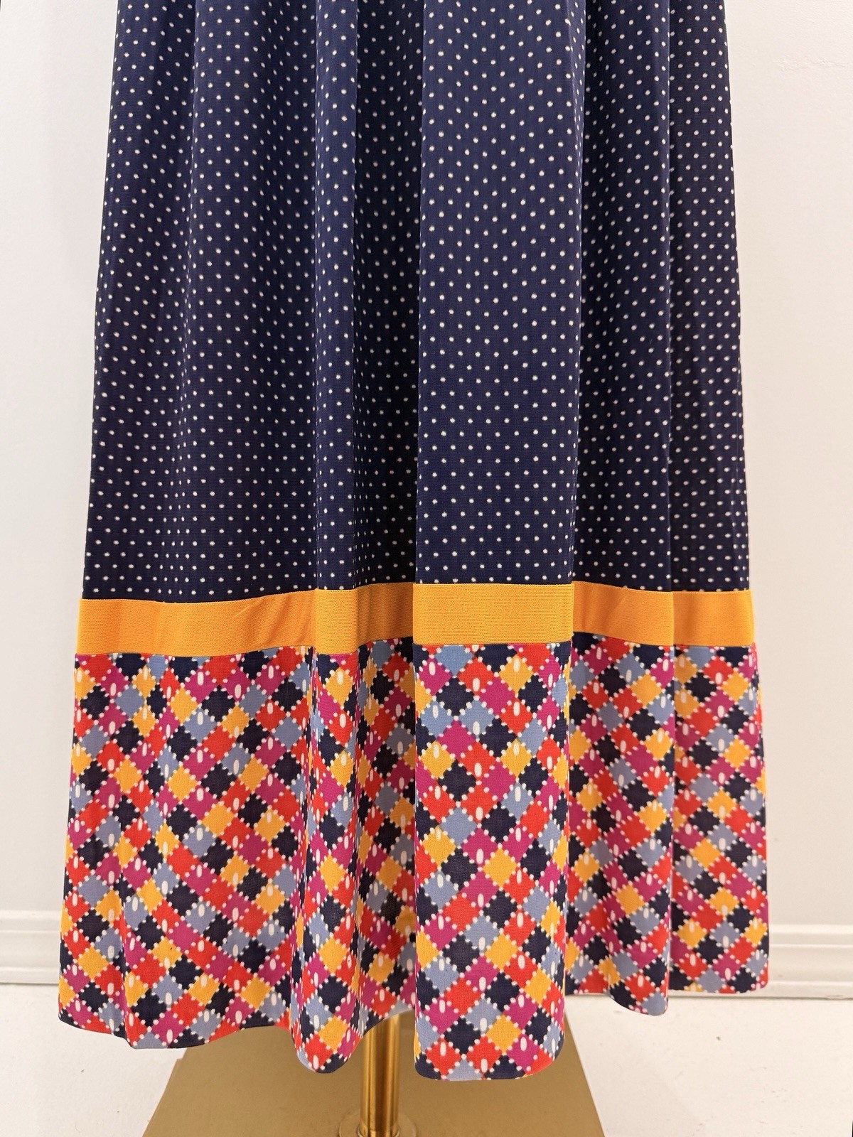 Jonathan Logan 70s VTG Navy Maxi Dress Microdot Faux Patchwork L/S Retro Boho