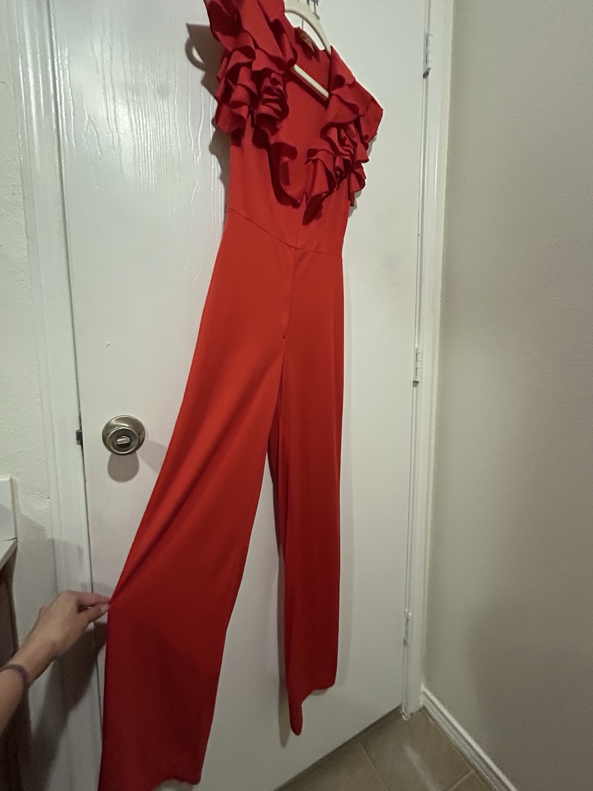 1970s Vintage Frederick’s Of Hollywood Red Jumpsuit Ruffle Collar