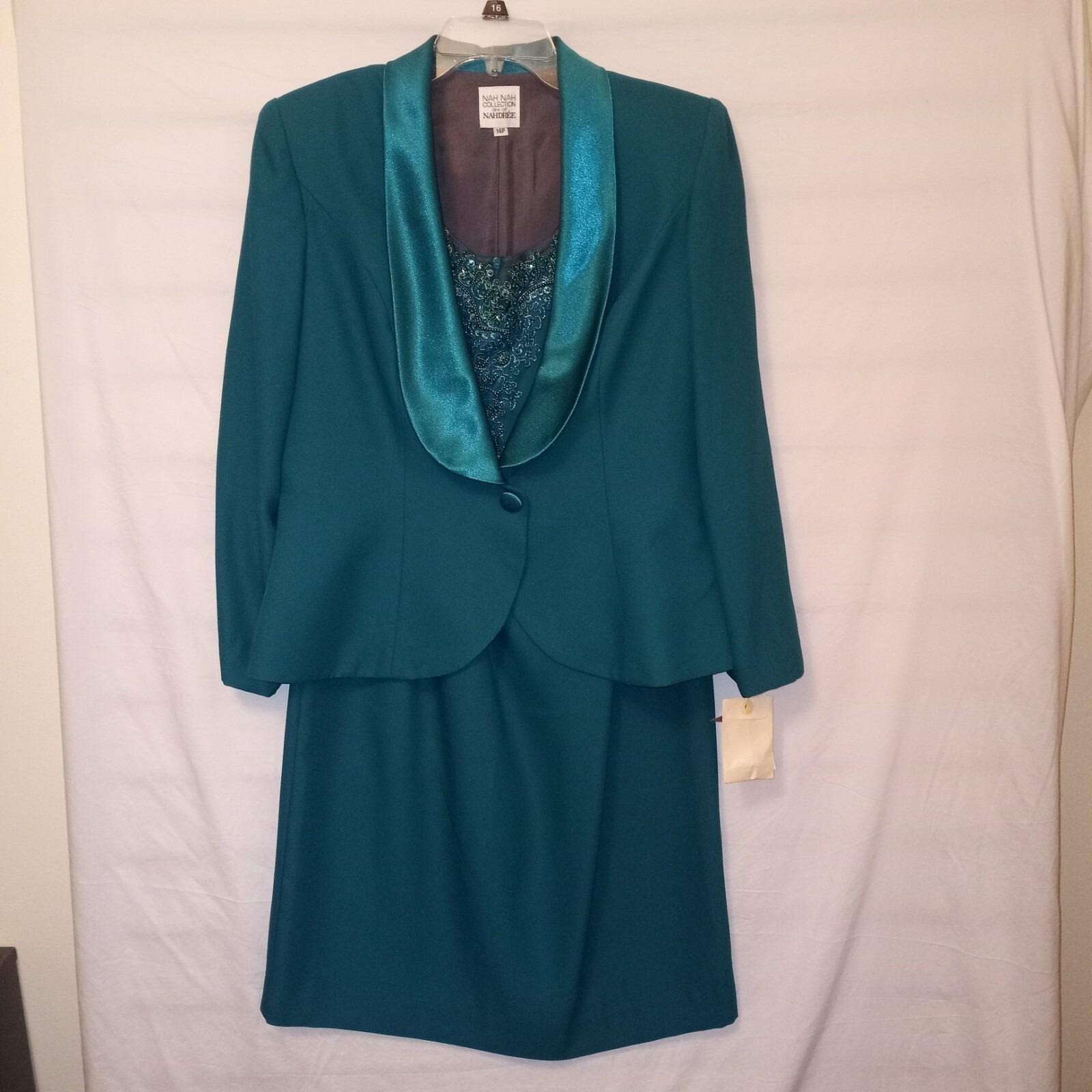 Nah Nah Collection Nahdree Teal Green Sequin Dress and Blazer Suit Set 14P NEW