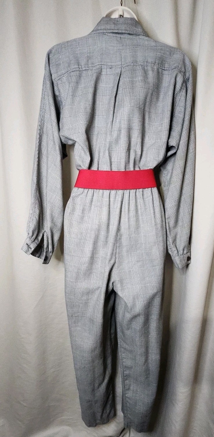VTG 80s Black & White Houndstooth Check Button Up Jumpsuit w/Red Belt LS Sz S/M