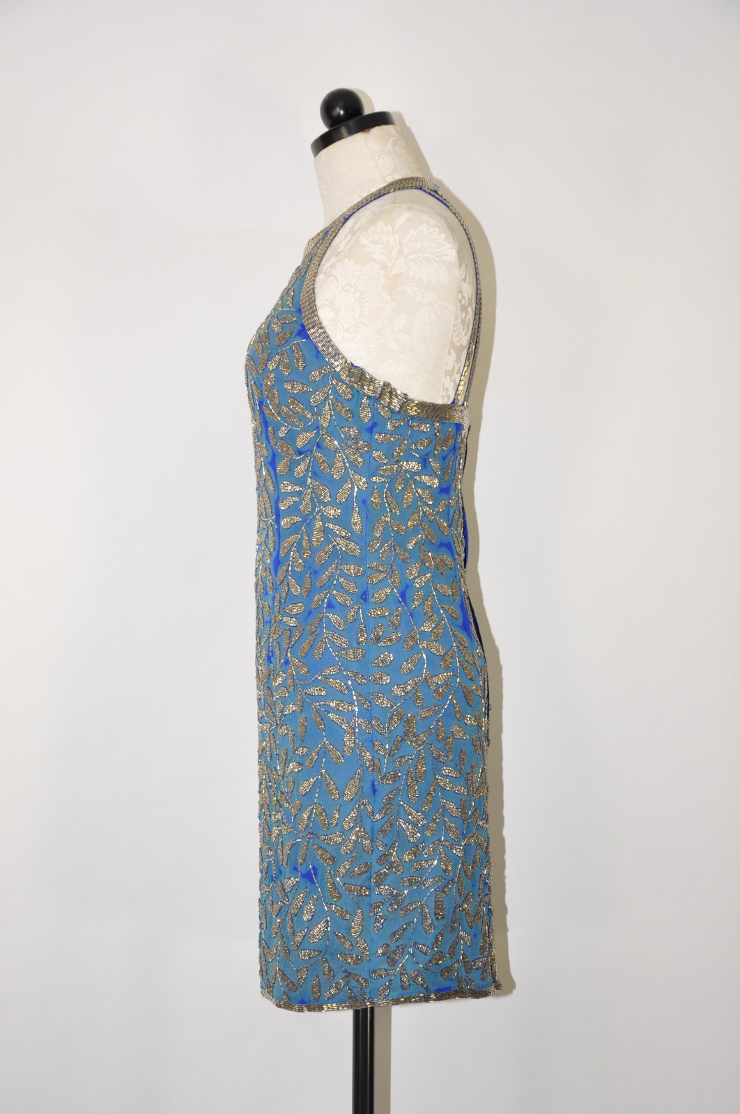 80s Vintage Blue Silk Silver Beaded Jeweled Leaves Backless Halter Mini Dress S