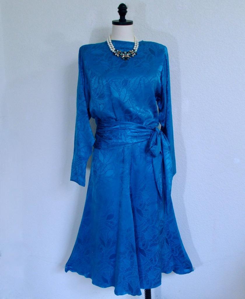 Vintage 80s Jerry Regenbogen Silk Dress 6 Sapphire Blue Sash Wrap Retro Glam