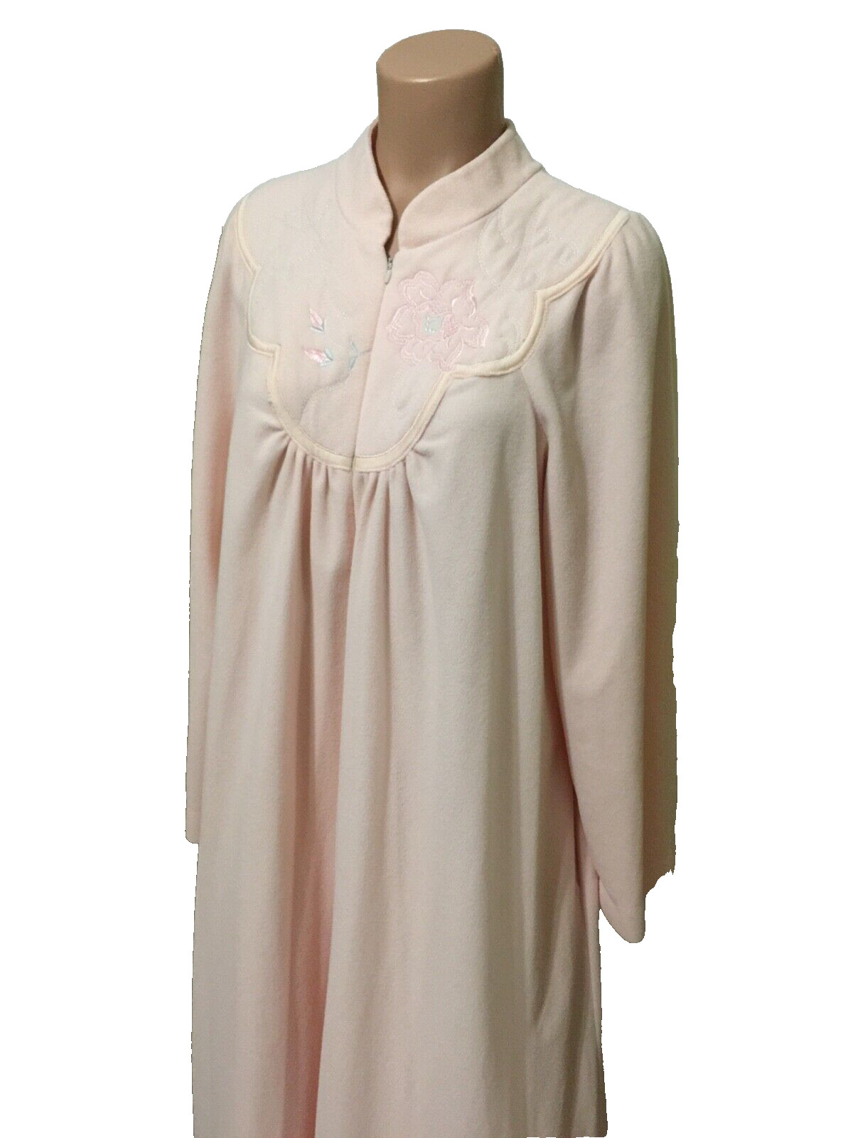 Vintage fleece robe warm soft pink long 3/4 zip front embroidered size L