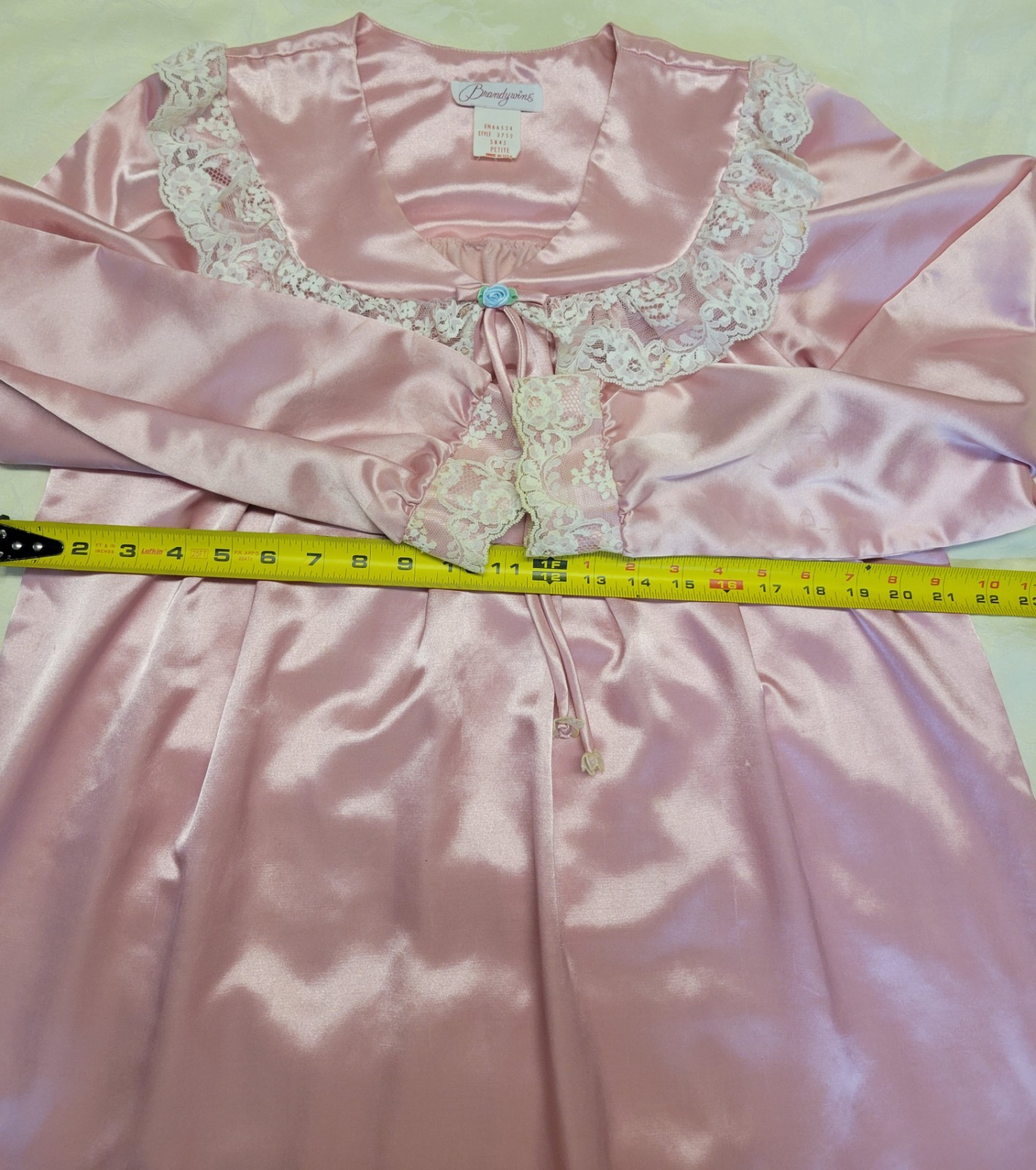 Vintage Brandywine Pink Satin Nightgown Lace Trim Petite USA Long Lingerie 70s