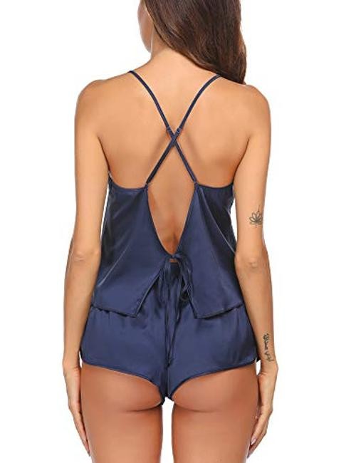Silk Pajamas Set for Women Satin Backless Lingerie Pjs Cami Medium Navy Blue