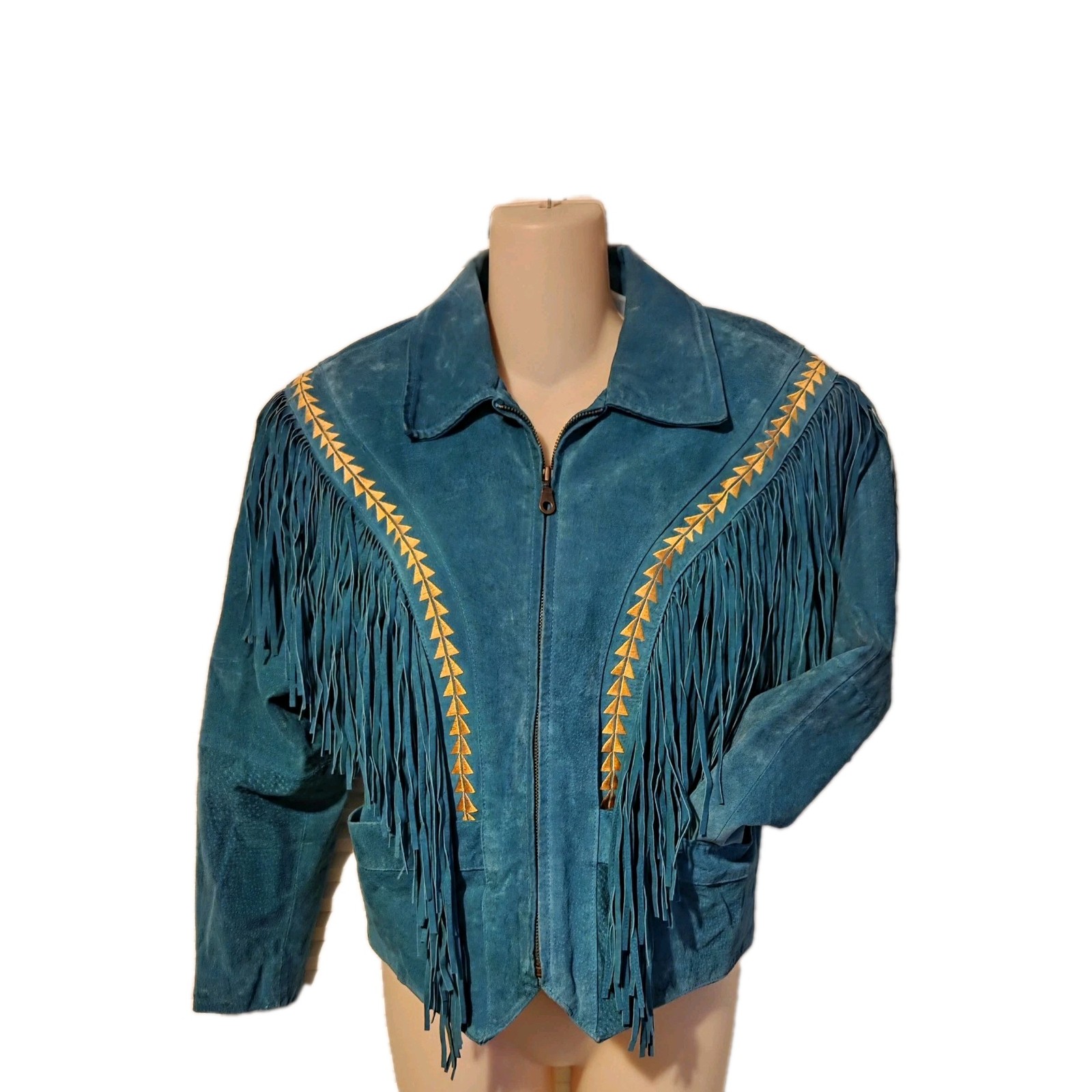 Pioneer Wear Vintage 80s Teal Suede Fringe Embroidered Western Leather Jacket Sm