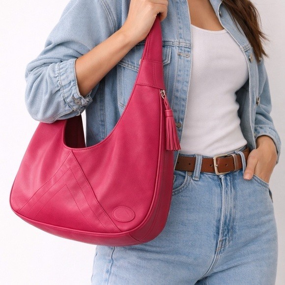 Vintage 90s Liz Claiborne Hot Pink Leather Hobo Shoulder Bag Y2K Tassel Purse