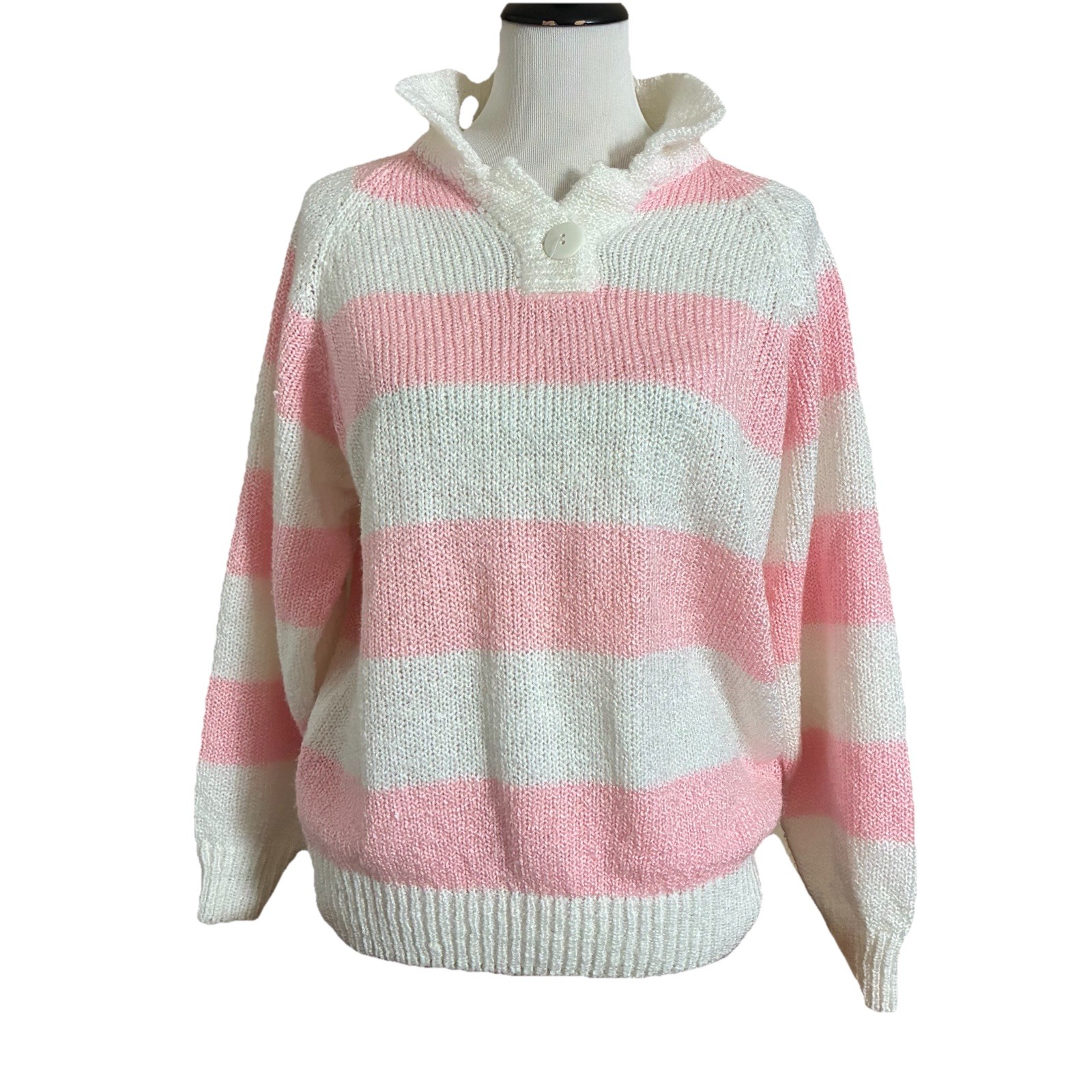 Liz Thomas Vintage Knit Sweater Sz 42/22W Pink White Chunky Stripes Collared