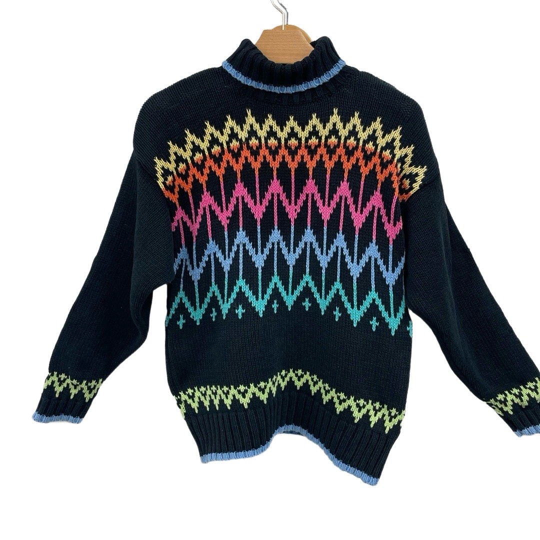 Liz wear Black Multi Turtleneck Geo rainbow Ski Winter Sweater Small y2k 90s