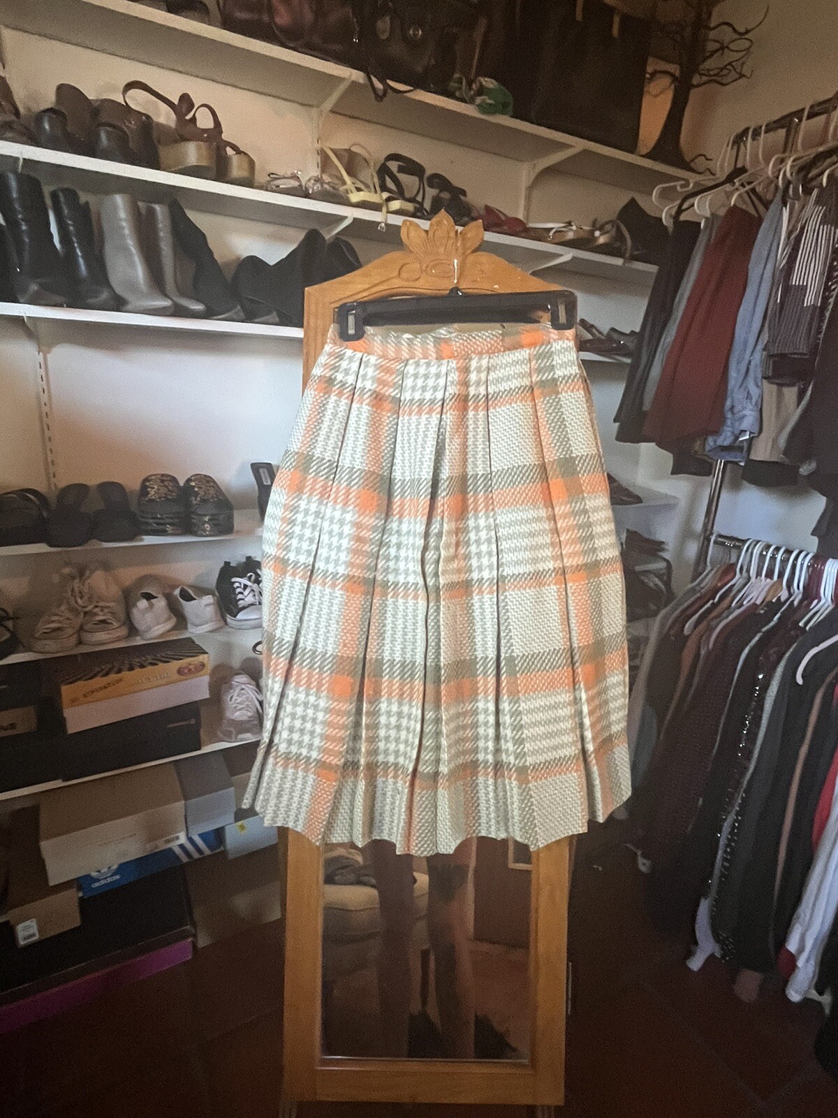 Vtg 1950s 60s Olive & Blue Wool Plaid Pleated Skirt S Just Below Knee Length EUC