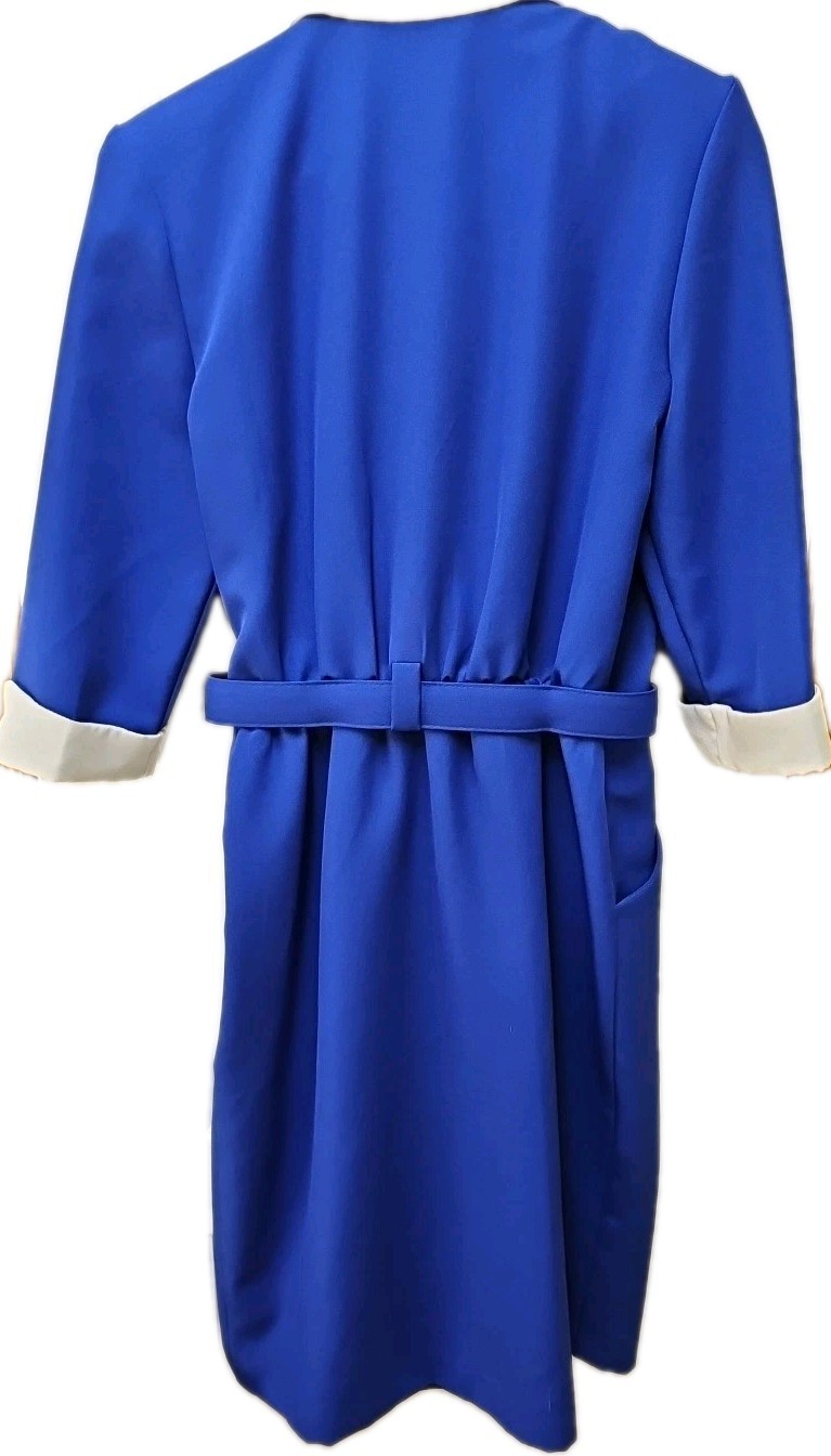 Vtg Miss Dorby Blue & White Double Breasted Belted Blazer Dress 12 P USA ILGWU