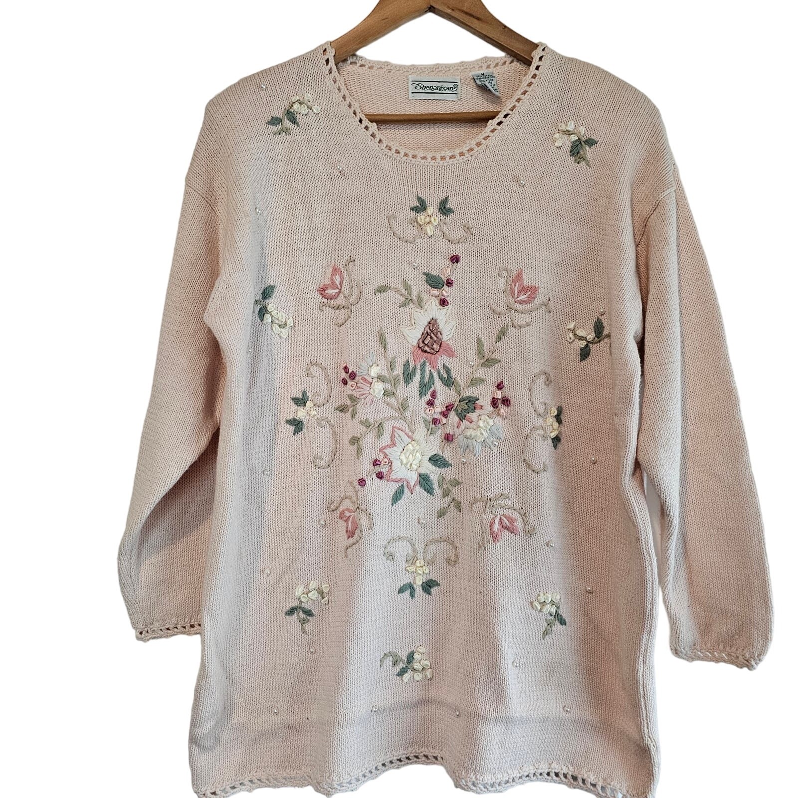 Vintage 90s Sweater Womens Medium Pink Embroidered Beaded Crochet Floral Flowers