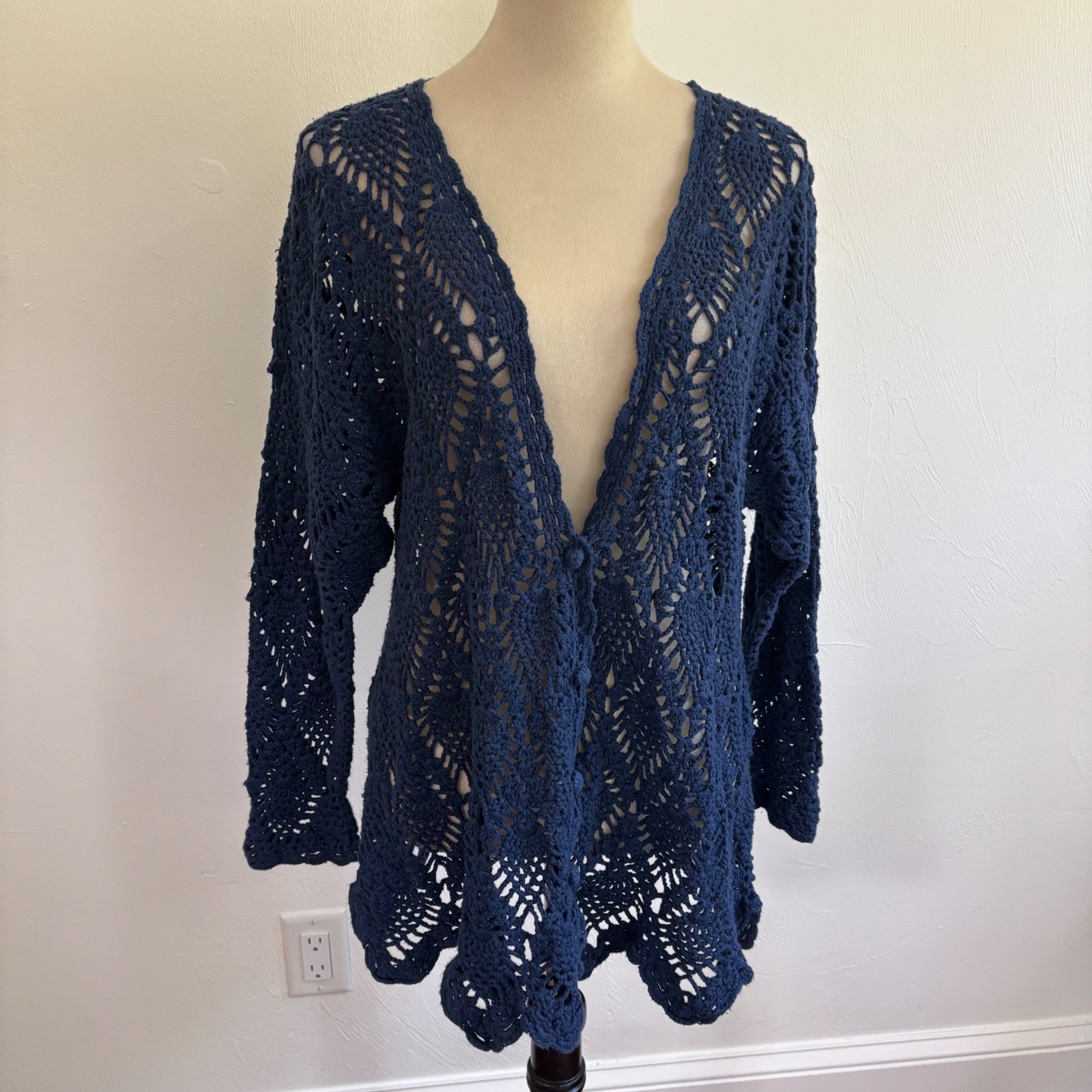 Vintage Crochet Button Front Cardigan Navy Blue Open Knit OS Boho Festival