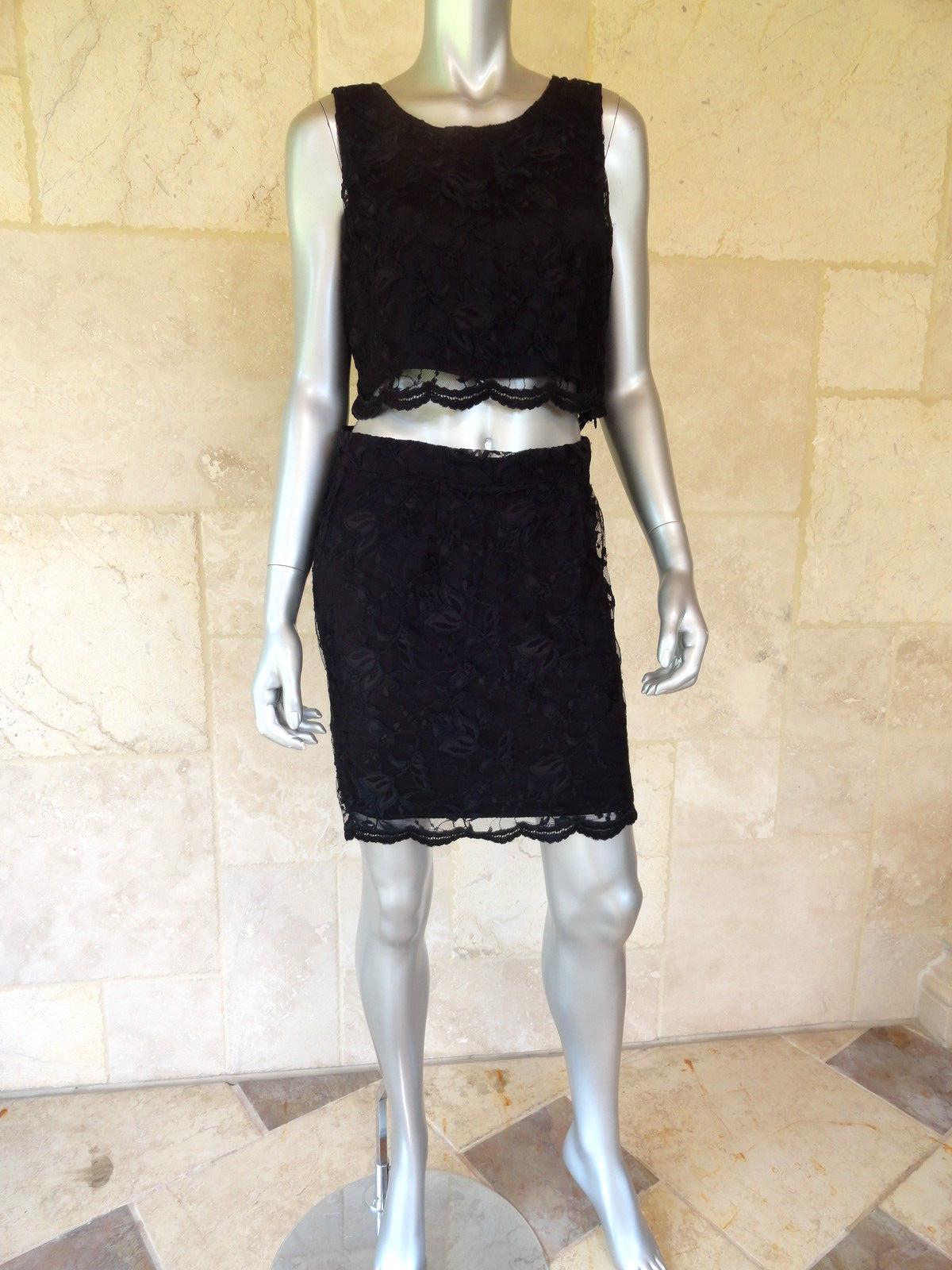 Vintage 1990s Black Mini Sleeveless Top Mini Skirt Suit Sz XS