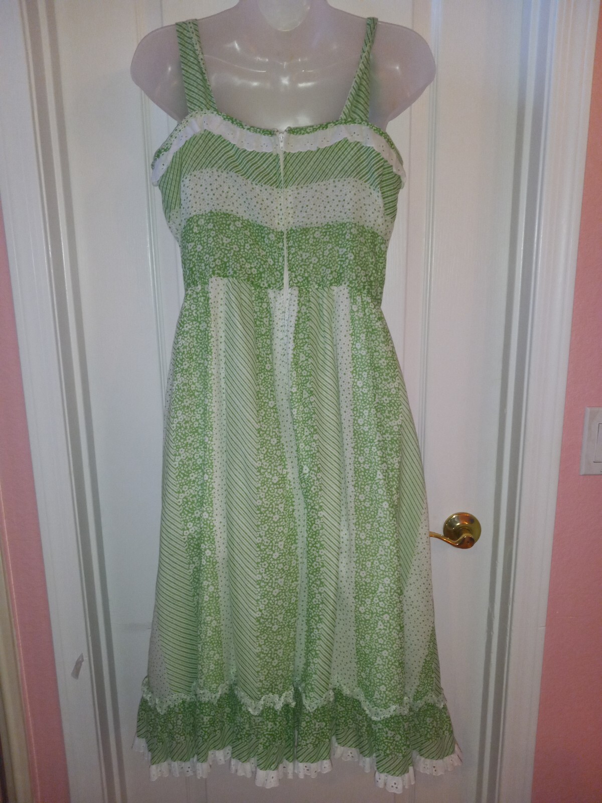 Vintage 70s Kenny Classics Green Floral Prairie Sundress Hippie Cottagecore L