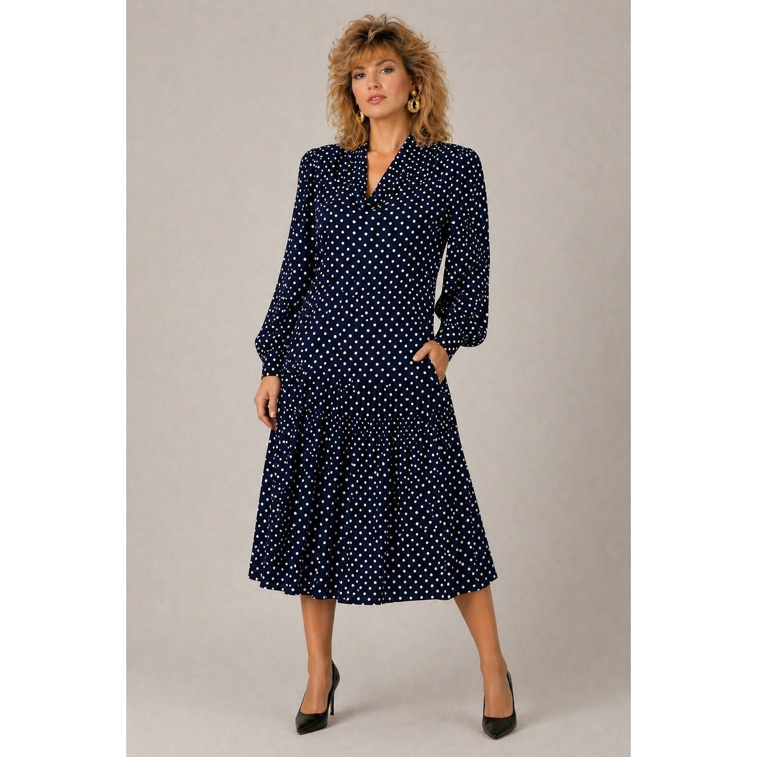 Greg Adams Woman Polka Dot Dress Vintage 80s Retro Classic Navy Rayon Size 18 XL